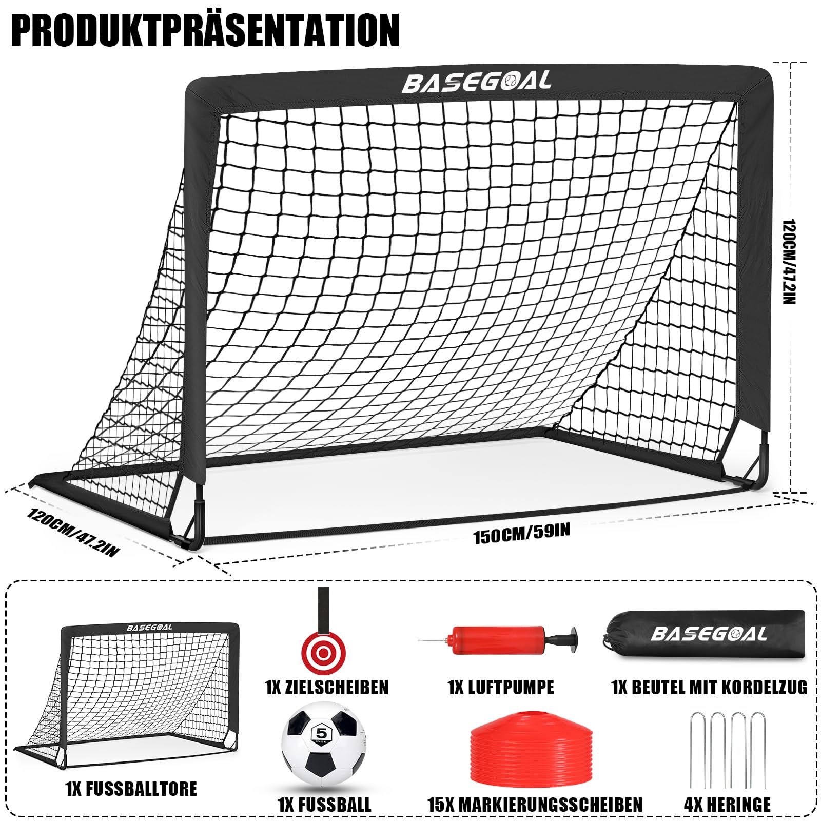 Fußballtore für Garten 150x120cm, inkl. Fußball, Bullseye, Fußballhütchen