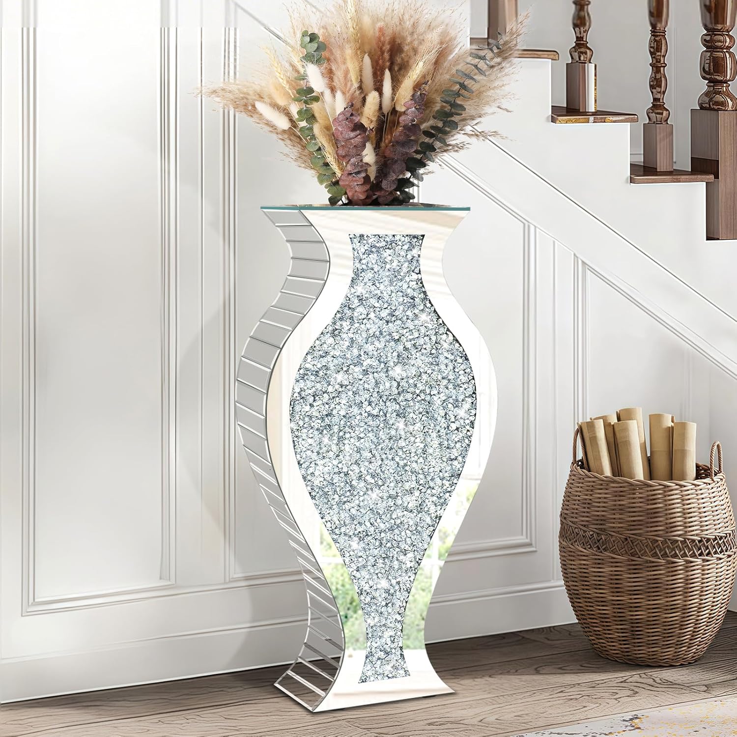 27" Tall Crushed Diamond Floor Vase, Fish-Shaped Silver Large Vases for Decor Living Room, Crystal Mirrored Home Decor Vases for Dried Flower - Image 6