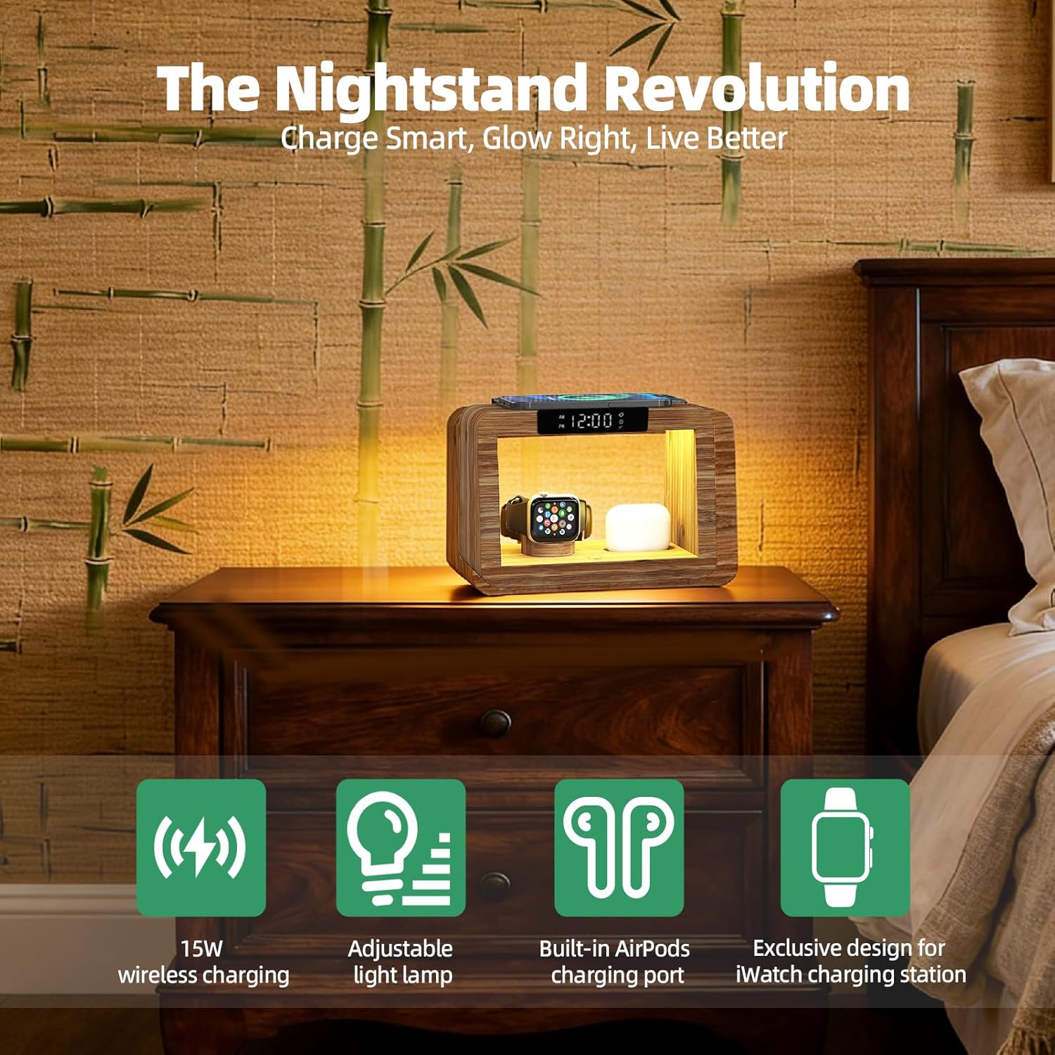 Bamboo Charging Station with Alarm Clock, 15W Fast Wireless Charger with Stepless Dimmable Night Light, 5 in 1 Wood Style Nightstand Organizer Compatible with iPhone/iWatch/AirPods