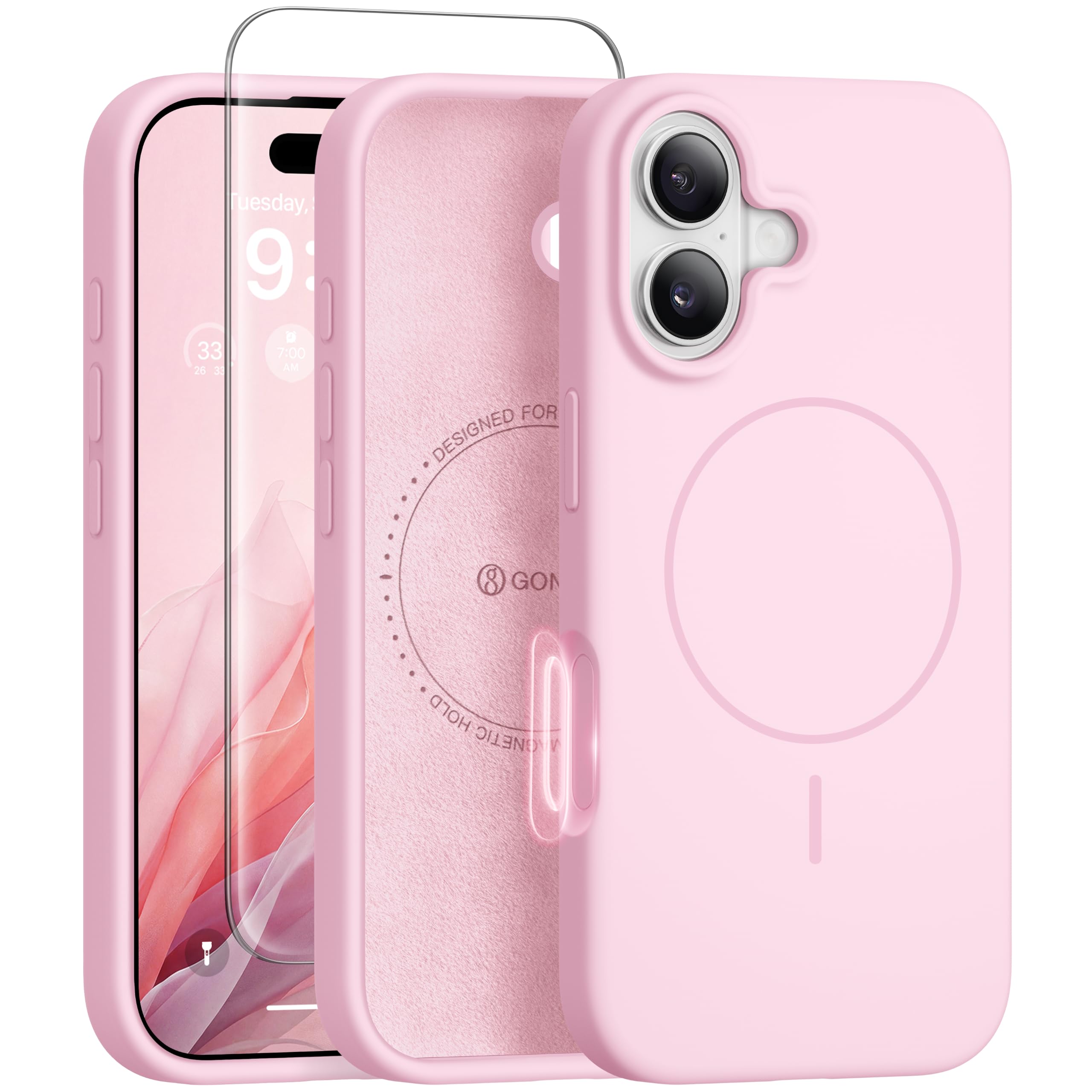 GONEZ Magnetic for iPhone 17 Case, Silicone Cover Pastel Pink | Compatible with MagSafe, Camera Button & Screen Protector, Microfiber Lining, 3 Layers Soft Gel Rubber Shockproof Slim 6.3" Global Recycled Standard Global Recycled Standard Global Recycled Standard