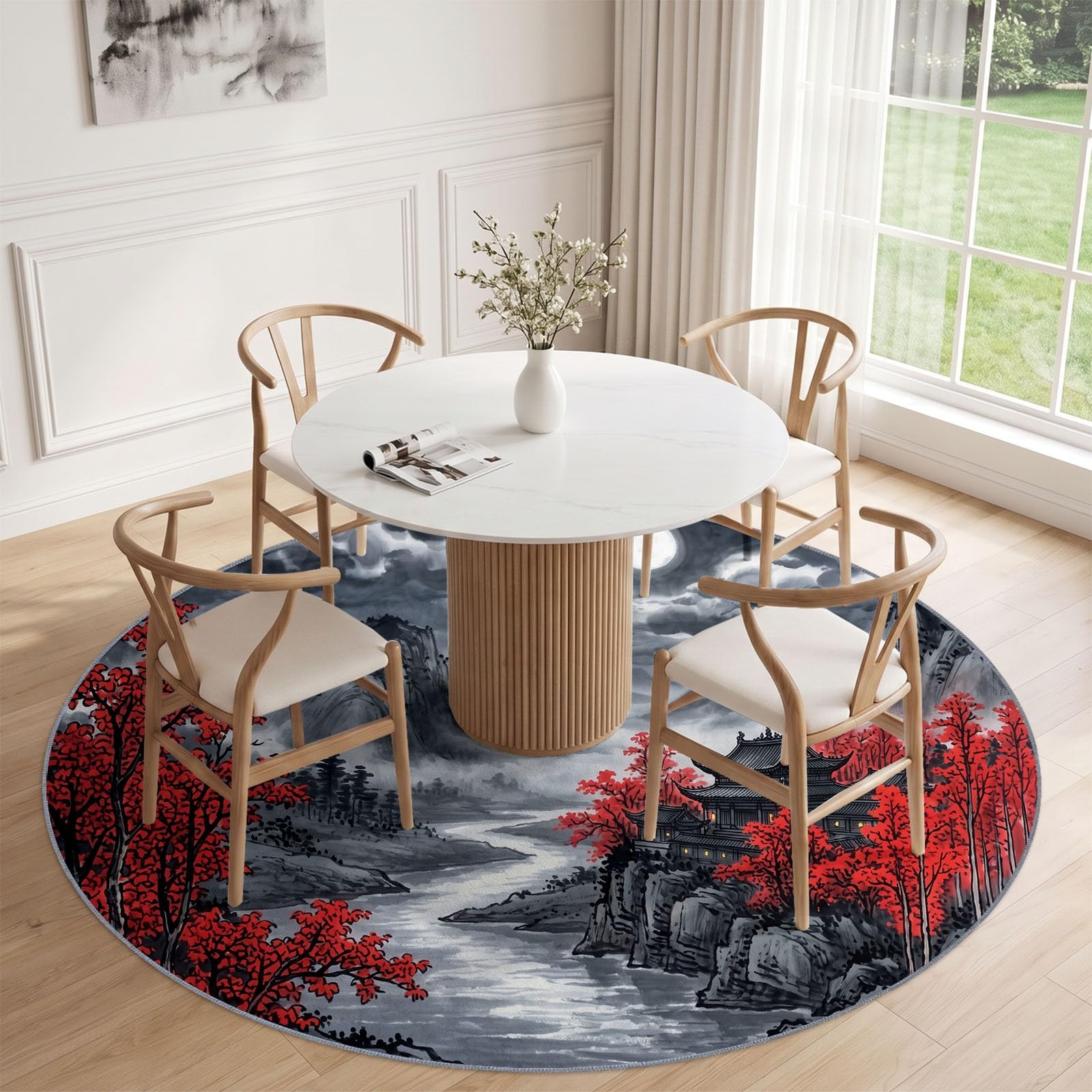 Tapis Rond 100 cm Lavable Machine, Moquette Antidérapante Poil Bas Doux, Rétro Lune Rivière Montagnes Tapis pour Salon Chambre Salle à Manger Nursery Dortoir Enfants, Gris