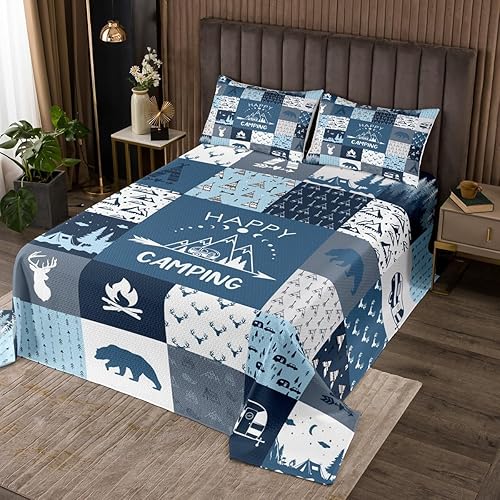 Juego de ropa de cama Happy Camping tamaño Queen, colcha de animales de ciervo, oso de ciervo, tienda de campaña, caravana, juego de edredón para