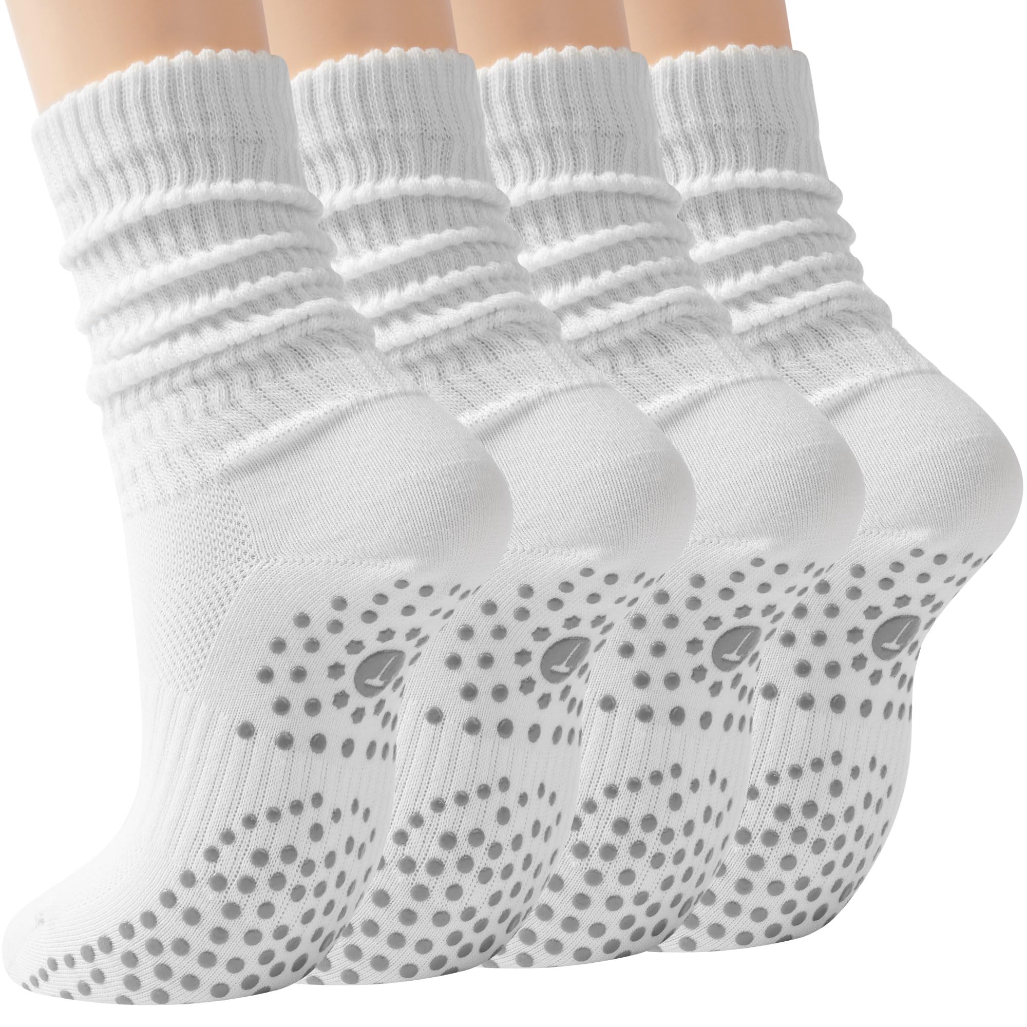 Pilates Slouch Crew Socks for Women, Grip Yoga Socks with Non Slip Grippers for Barre Ballet Dance Hospital Workout