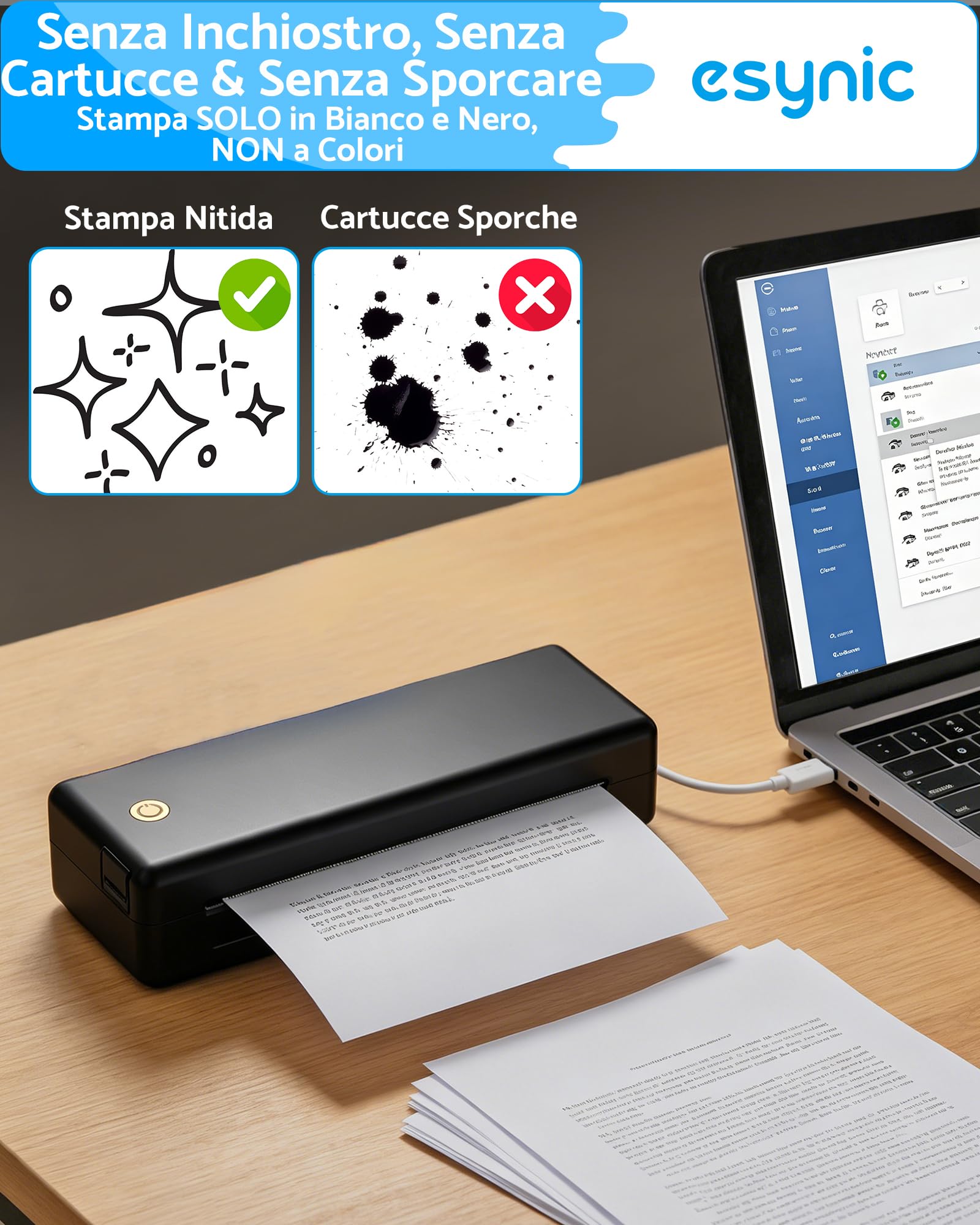 eSynic Stampante Termica Portatile A4 Senza Inchiostro, Supporta Multi Format, Stampante Wireless Bluetooth + USB, Compatibile con iOS Android Windows Mac, Ideale per Ufficio, Studio e Viaggio - Nero