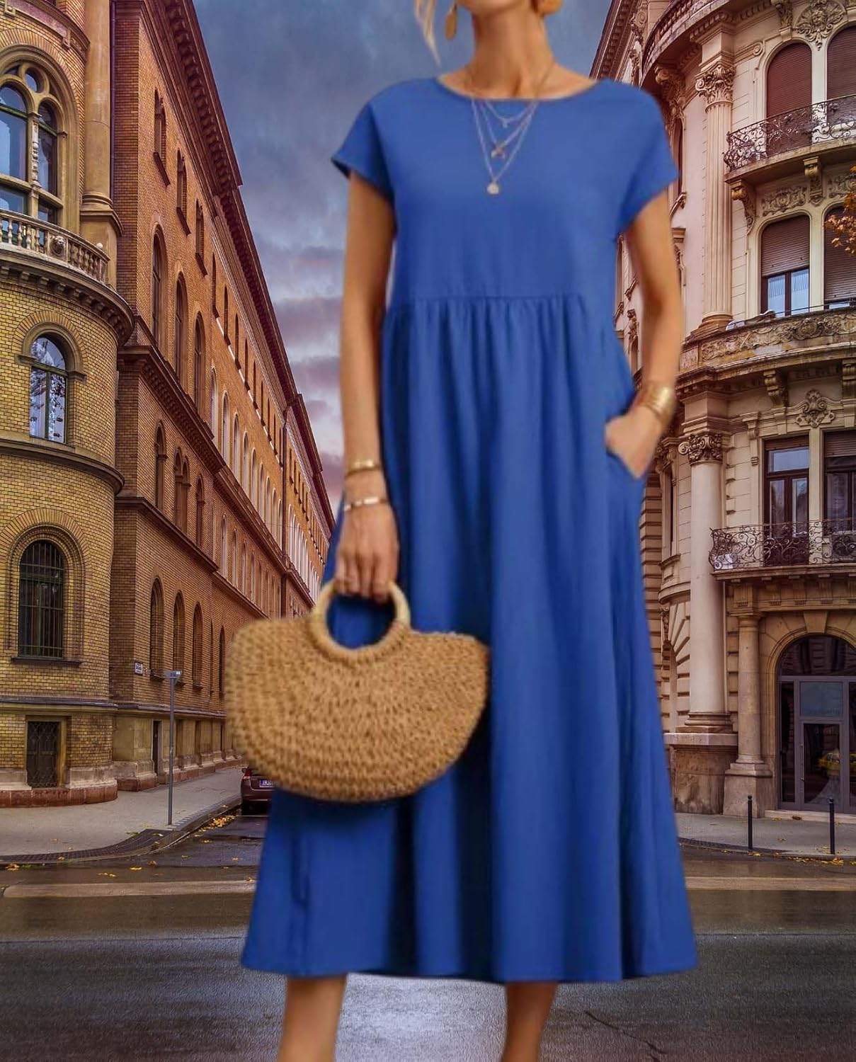 Womens Cotton Linen Dresses 2025 Summer Casual Short Sleeve Crew Neck A Line Loose Beach Vacation Dress with Pockets