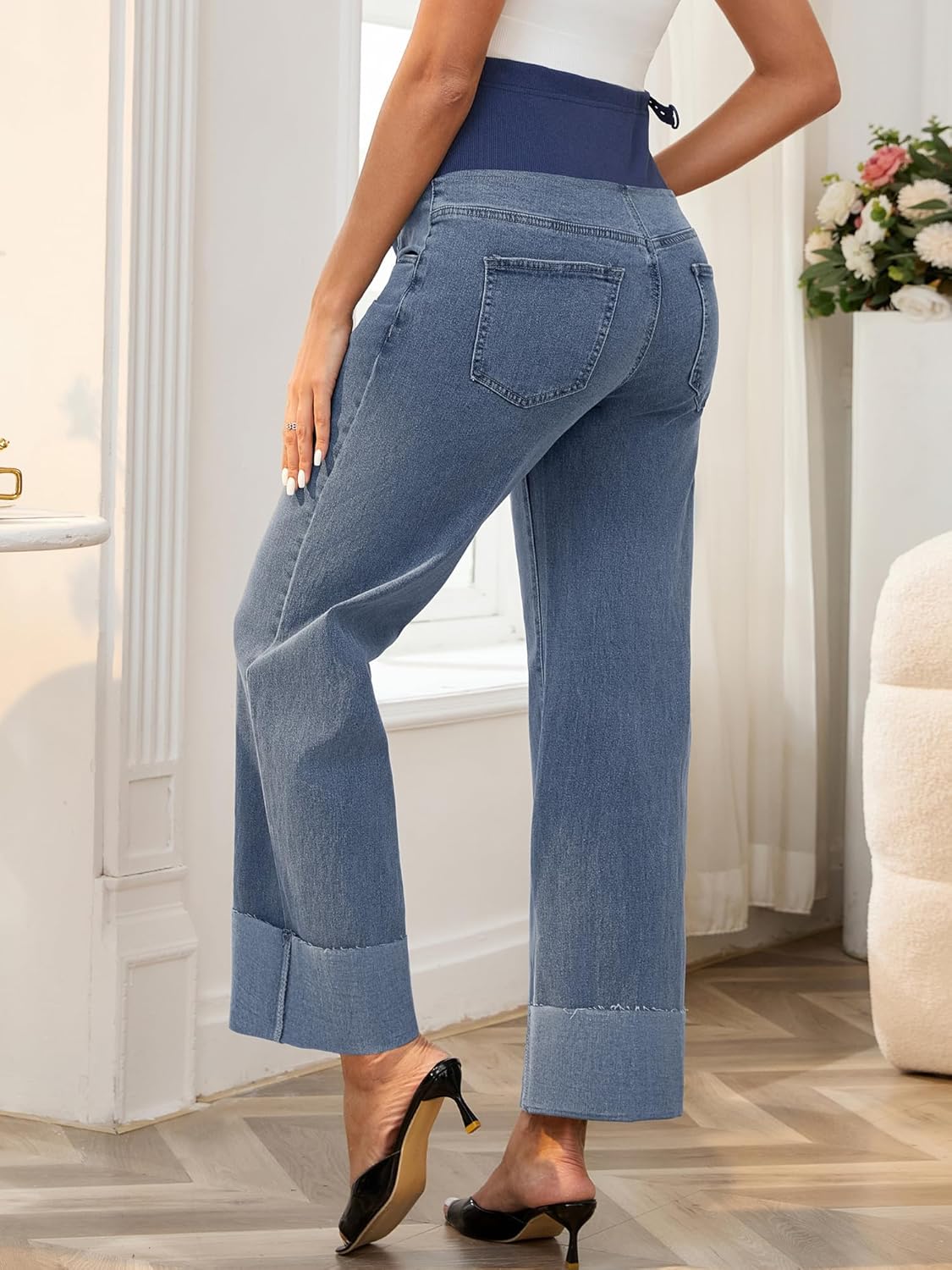 Women Maternity Jeans Denim Straight Leg Cuffed High Stretchy Over The Belly Pregnant Pants Work Casual - Image 4