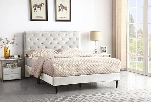 Base de cama de plataforma tapizada completa con cabecero ajustable de 48 pulgadas de alto, cama de terciopelo de gamuza copetuda con botones,