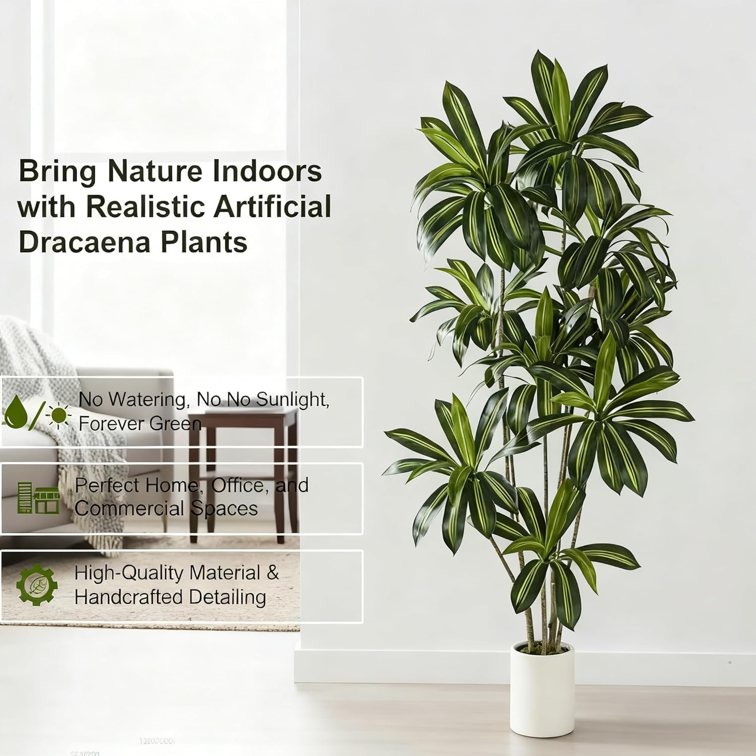 7FT Artificial Dracaena Plant Dracaena Fragrans Artificial Tree, Realistic Faux Brazilian Iron Tree with Lifelike Foliage, Sturdy Base & Low Maintenance Fake Floor Plant for Modern Home Decor