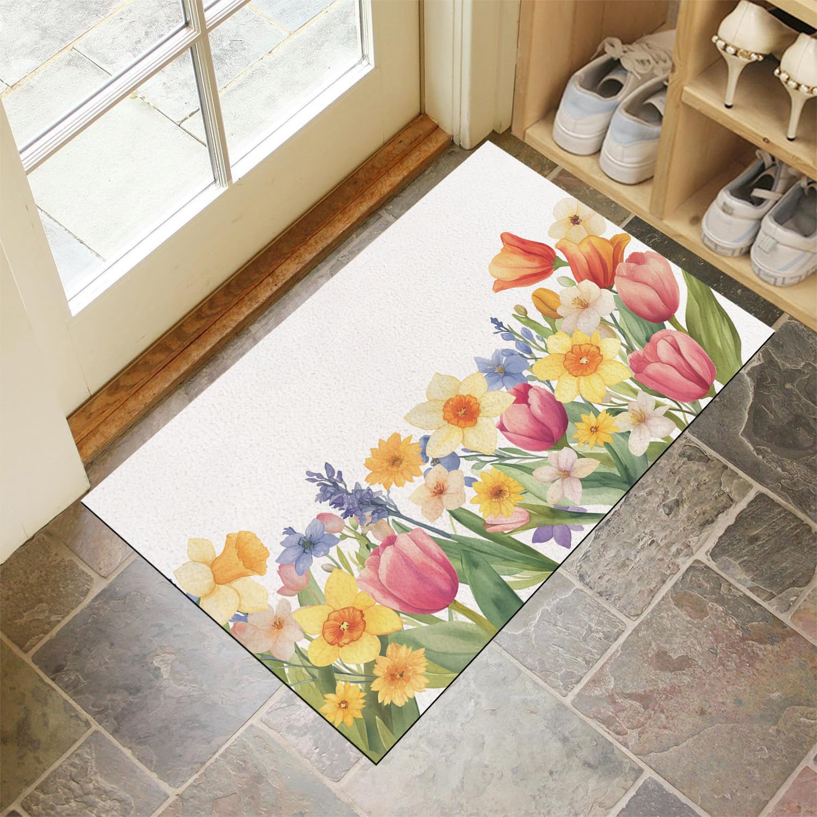 Tapis de porte extérieur pour retenir la poussière avec motif fleurs 90x140