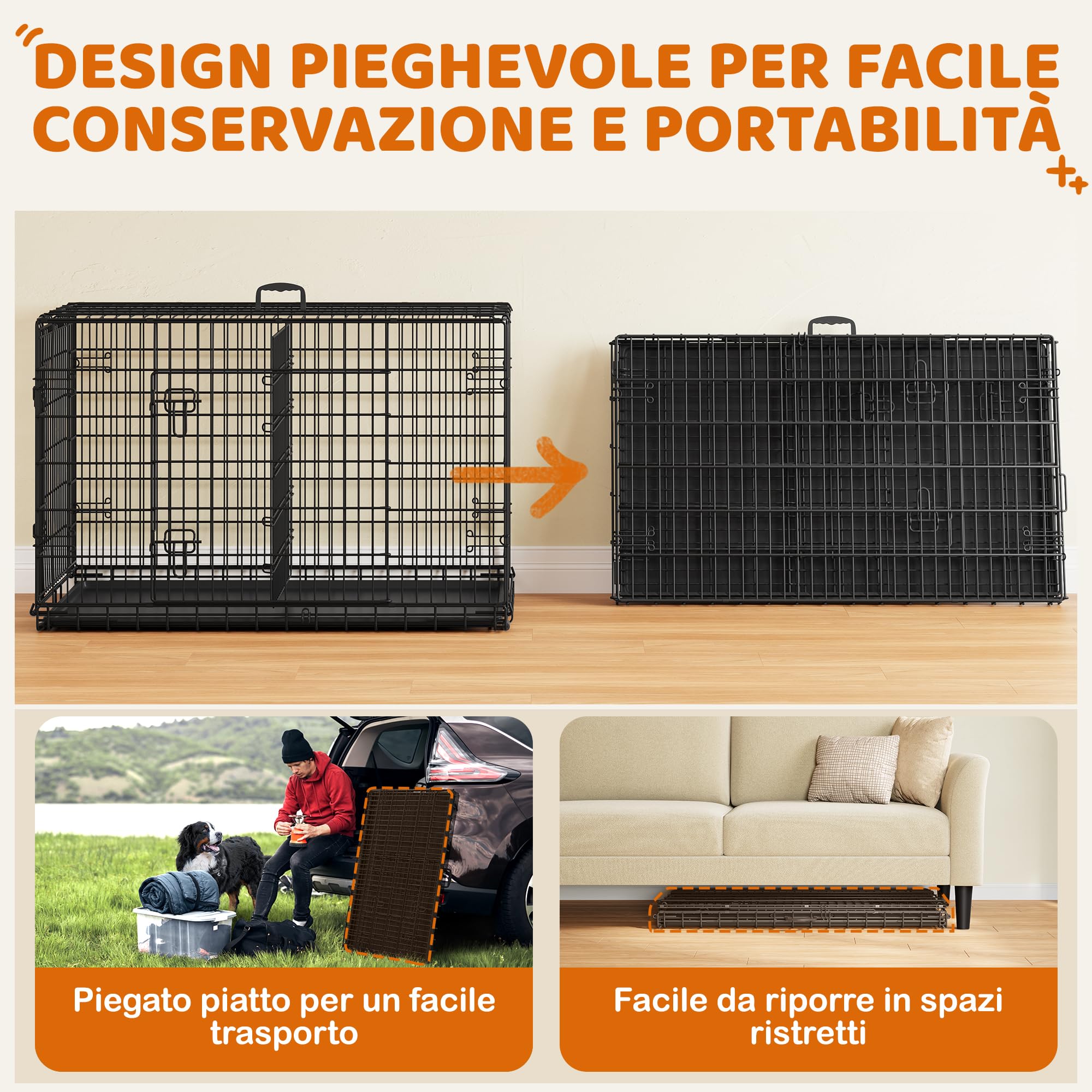 Yaheetech Gabbia per Cani Gatti Kennel in Metallo Cuccioli Pieghevole con Vassoio Rimovibile Doppia Porta e Divisorio Regolabile 122,5 × 73 × 80 cm Nero