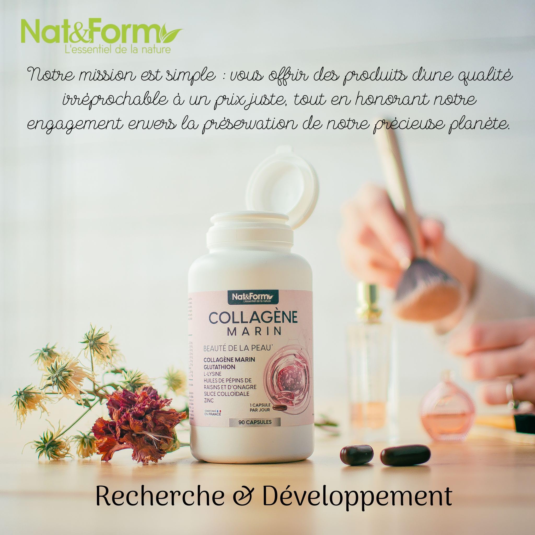 Collagène Marin - Beauté de la Peau - 90 Capsules | Glutathion, L-Lysine, Huiles de Pépins de Raisin et d’Onagre, Silice Colloïdale, Zinc | Nat&Form
