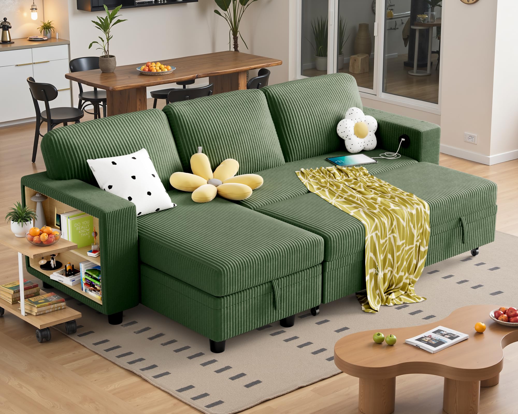 YESHOMY Convertible Sofa Bed with Pull-Out Sleeper, Living Room Couch with Built-in Storage Space, Green