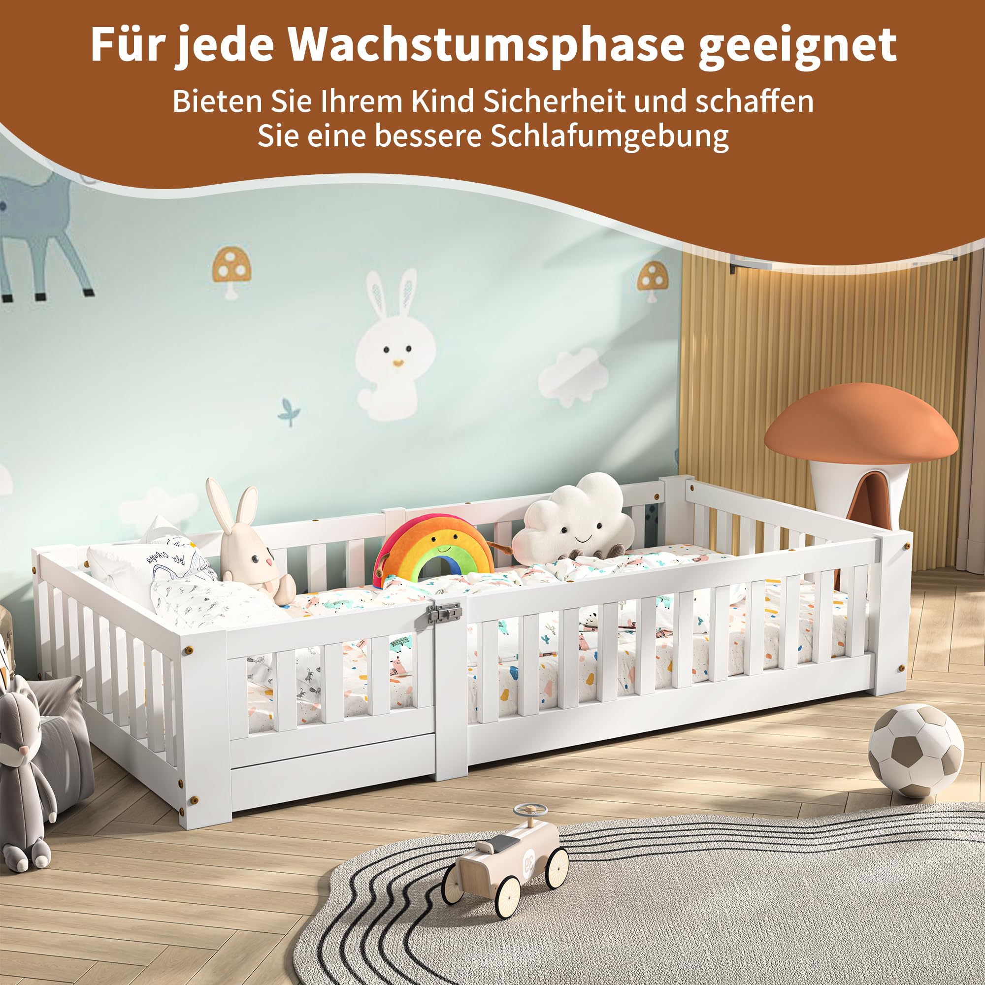 Cama de suelo para niños de 90 x 190 cm con valla y puerta, cama Montessori con protección anticaídas, cama juvenil individual con somier, cama infantil para niños y niñas, blanco (90 x 190 cm