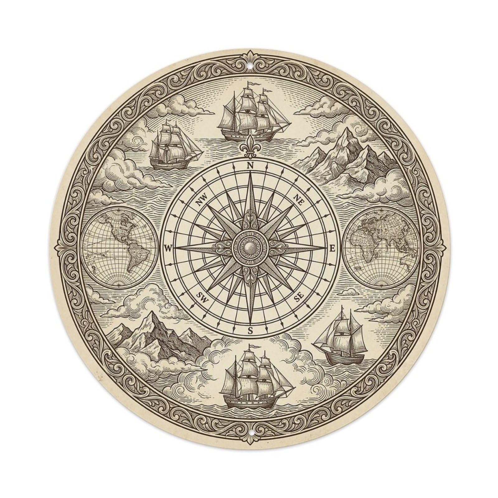 Vintage Nautical Compass World Map Horizon Quest Metal Tin Sign