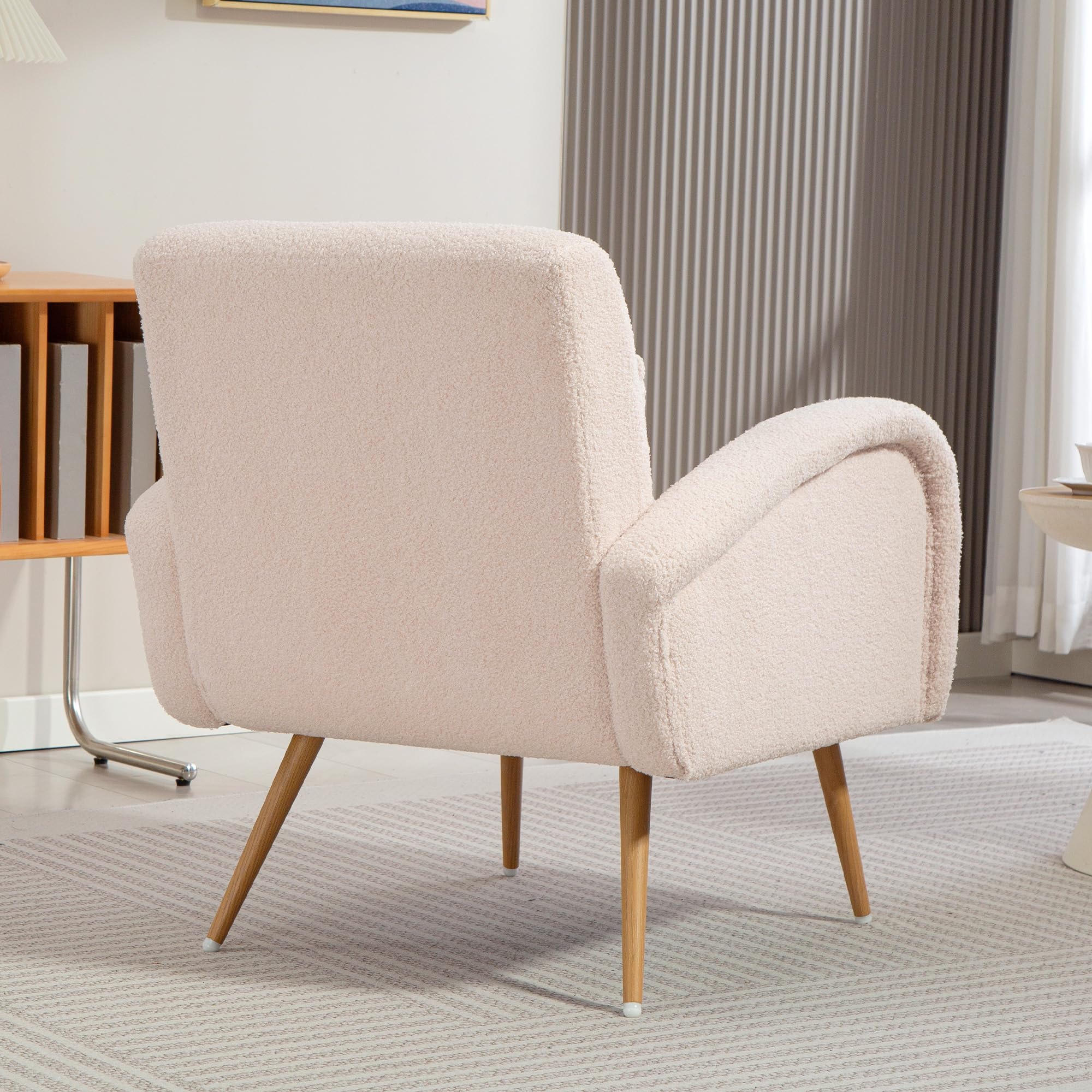 HOMCOM Poltrona per Salotto Imbottita, Poltroncina da Camera in Tessuto Teddy con Cuscino Lombare, Poltrona da Lettura con Gambe Effetto Legno in Metallo per Soggiorno e Studio, 77x77x83 cm, Beige