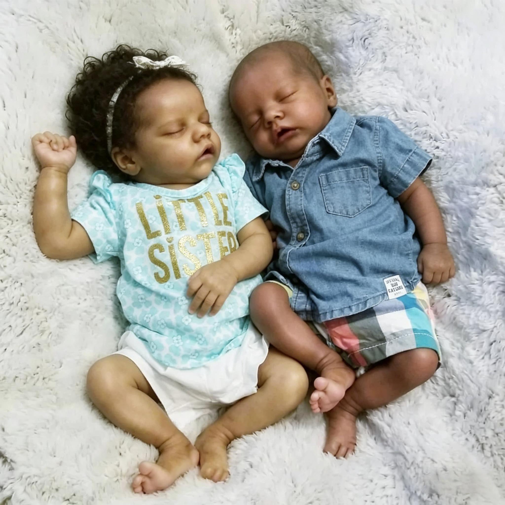 RXDOLL Reborn Baby Dolls silikonowe pełne ciało czarne bliźnięta dziewczynka i chłopiec, 45 cm realistyczna lalka bobas miękka winylowa ciemna skóra, afroamerykańska realistyczna noworodek śpiące