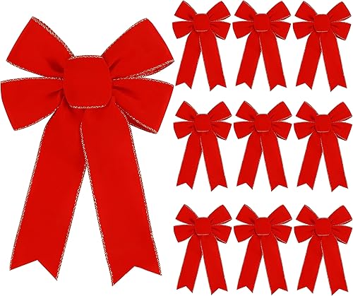 Paquete de 10 lazos rojos decorativos para árbol de Navidad, lazo grande de terciopelo de 9 x 13 pulgadas con borde dorado con purpurina para