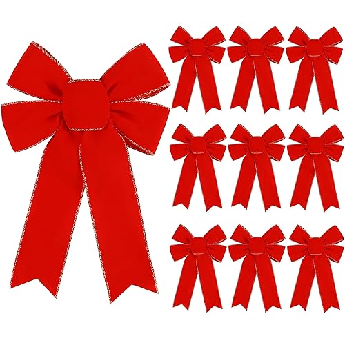 Hongsome 10 Pack Red Bows Christmas Tree Decorations,9”x13”Large Velvet Ornament