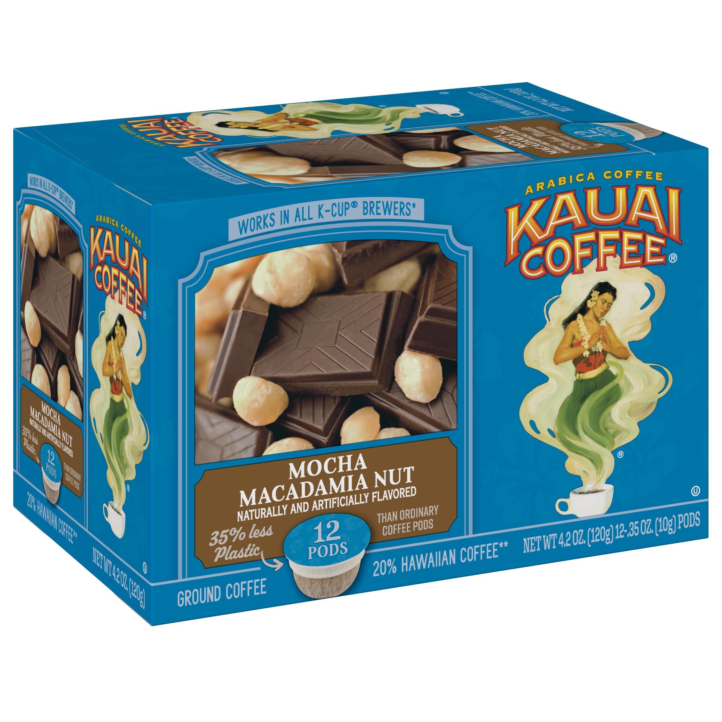 Kauai Coffee Pods Compatible with K-Cup Pods for Keurig Brewers – 20% Hawaiian Arabica – Medium Roast, Rich, Smooth, No Bitterness – Mocha Macadamia Nut, 1 Pack of 12 Single Serve Cups