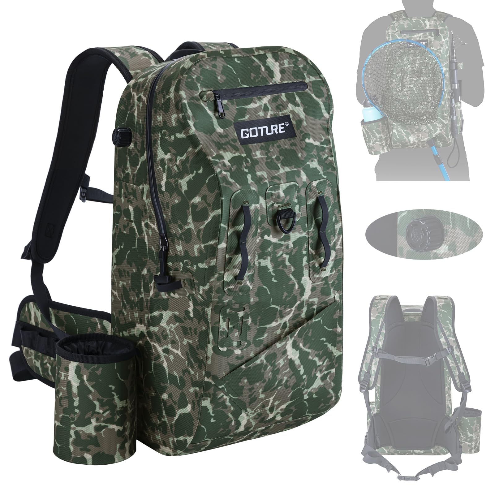Goture IPX8 Waterproof 25L Fly Fishing Bag, 1680D TPU Tackle Bag with Airtight Zipper, Detachable Water Bottle Holder, Rod Holder, Casting Net Holder, Fishing Rucksack for Freshwater Saltwater