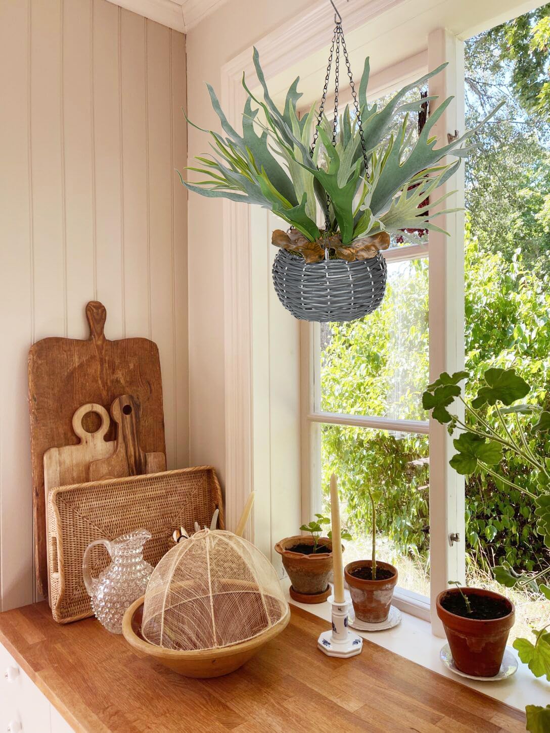 Hollyone Artificial Staghorn Fern Hanging Plants, Fake Boston Fern Hanging Plant in Persian Rattan Pot Faux Fern Plant Potted Hanging Plant for Indoor Outdoor Home Wall Room Garden Decor