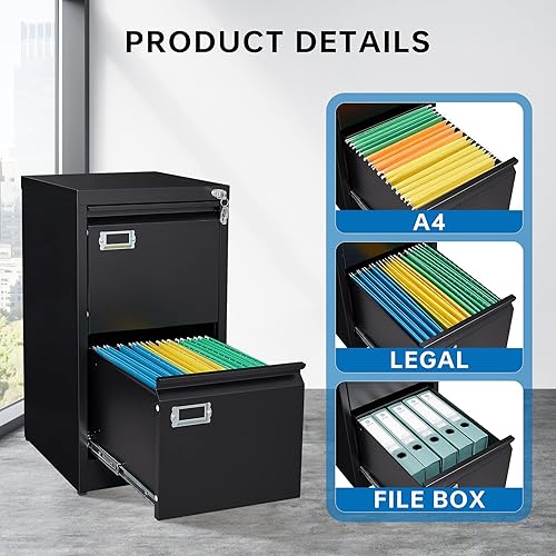 Miniatura 6 de BYNSOE Archivador de 2 cajones con cerradura, de metal, vertical, archivador vertical de acero para oficina o hogar, archivador vertical para tamaño