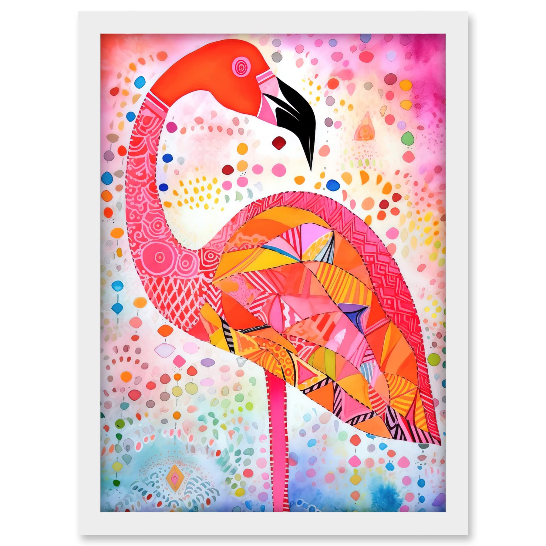 Artery8 Flamingo Folk Art Watercolour Painting Artwork Framed A3 Wall Art Print