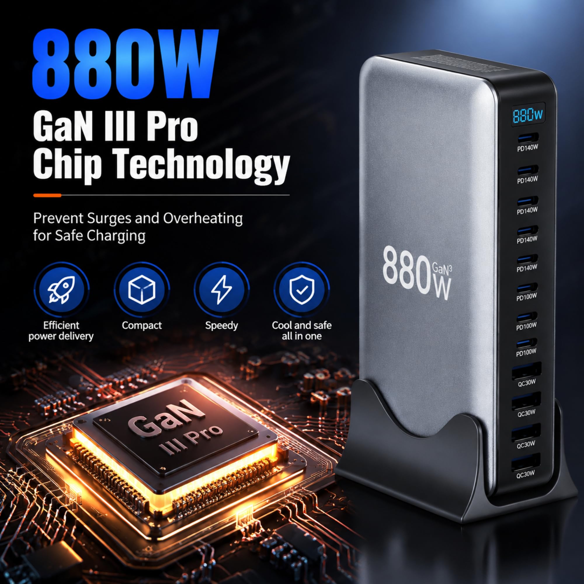 880W USB C ładowarka GaN III Pro 10-portowa ładowarka USB, 140Wx4 100Wx2 PD szybka ładowarka kompatybilna z/komputerem stacjonarnym/laptopami/telefonem (wtyczka europejska)
