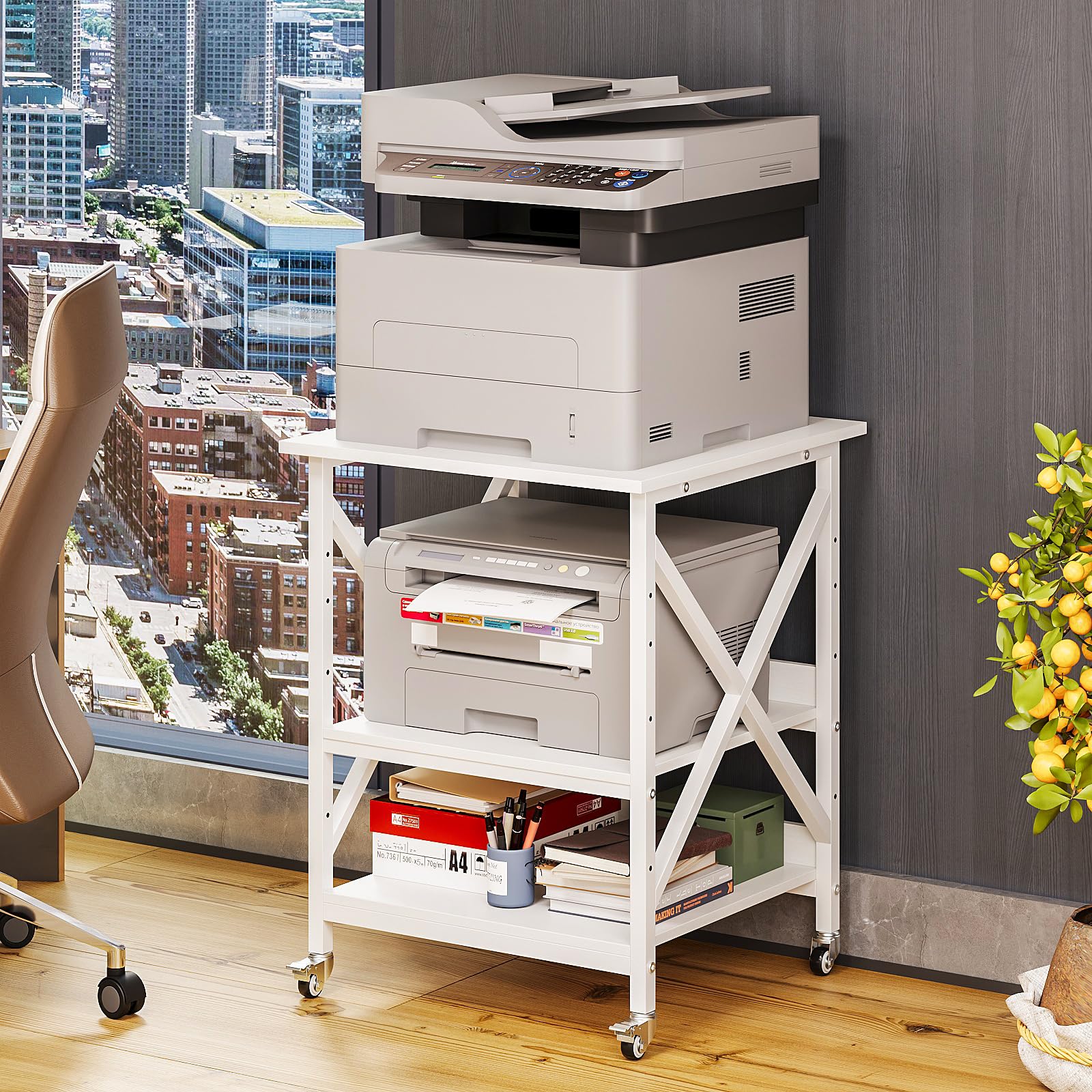 VEDECASA 3 Ebenen Druckerständer mit Rollen, Großer Druckertisch 60x60cm mit Ablagen, Stabiler Druckerwagen mit X-Rahmen für Büro und Home Office, Weiß, Passt Fuer Grosse Drucker,Leicht Beweglich,Weiß