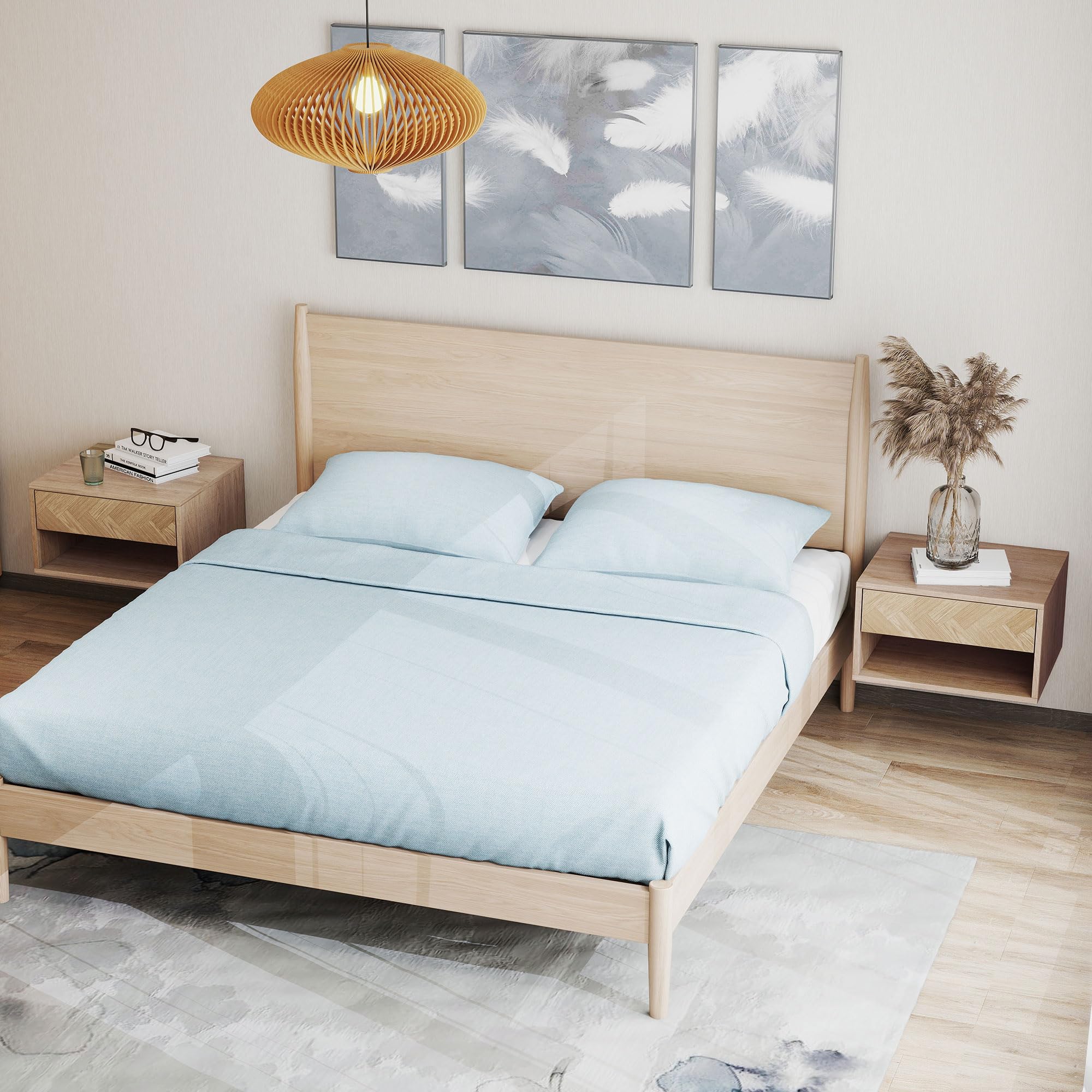 HOMCOM Lot de 2 Tables de Chevet murales, Tables de Nuit suspendues avec tiroir Coulissant, Compartiment Ouvert, Plateau, Style Moderne, 37 x 32 x 21 cm, Bois Naturel
