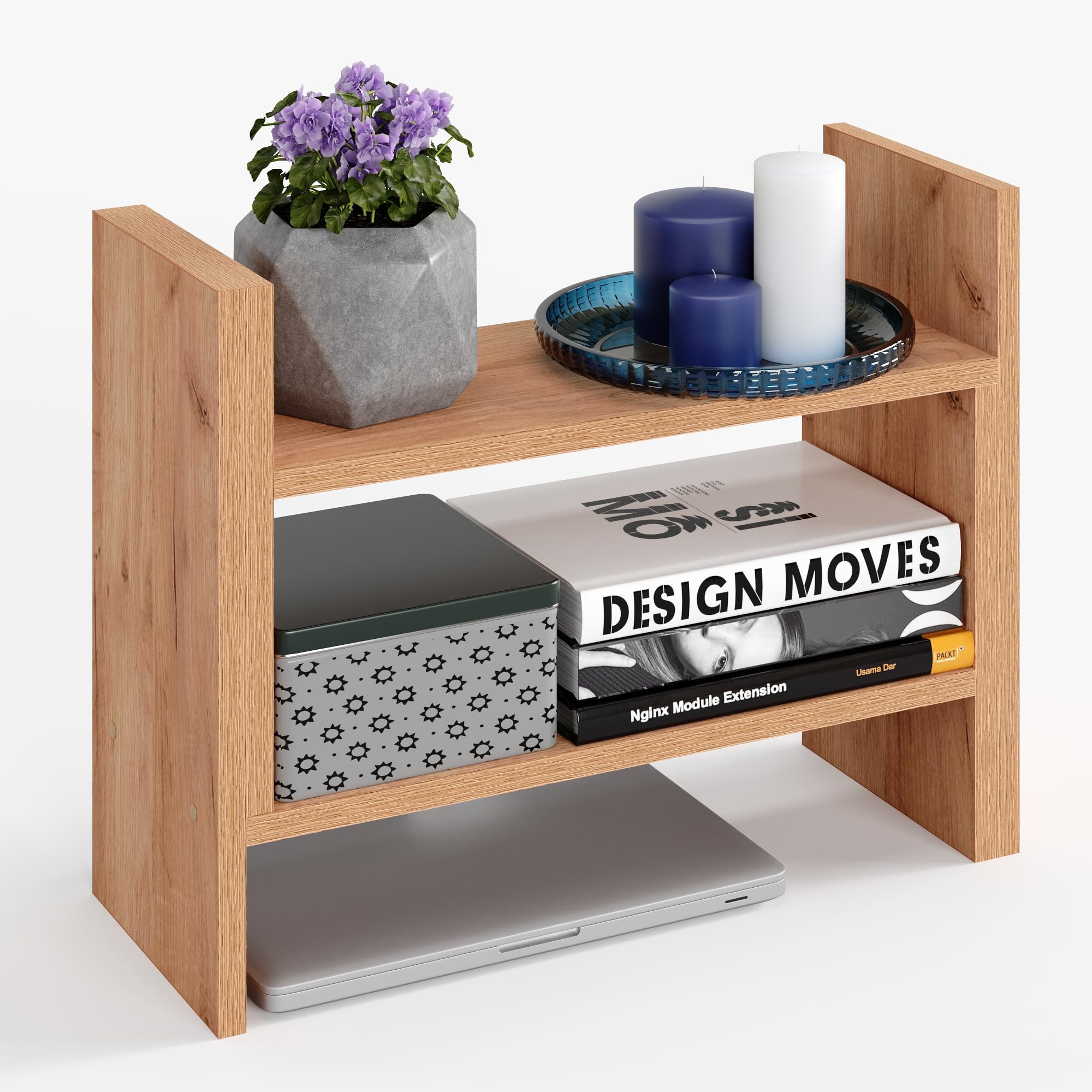 KOMTO Regał na Biurko Regulowany – Organizer na Blat, Półka na Książki, Mały Regał Stojący do Biura, Kuchni i Pokoju, Nadstawka na Biurko Dąb Craft Złoty | Shelf K 51-97 x 20 x 40 cm