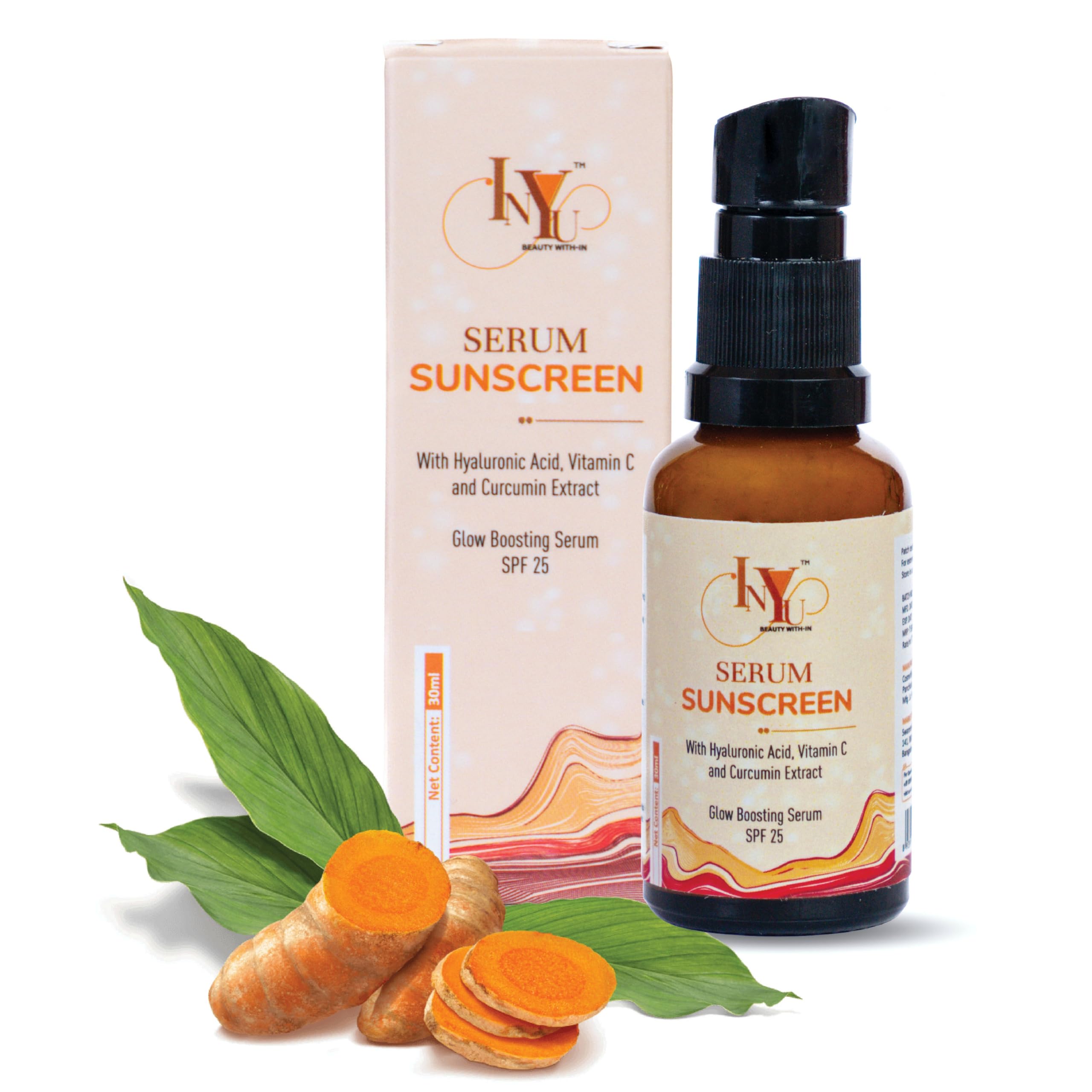 INYU Glowing Skin Face Serum 30ml | With Vitamin C, Hyaluronic Acid & Curcumin | Natural Hydrating Serum for Women | Brightens Skin | Sunscreen with SPF 25 | All skin Types | Paraben & Sulphate free