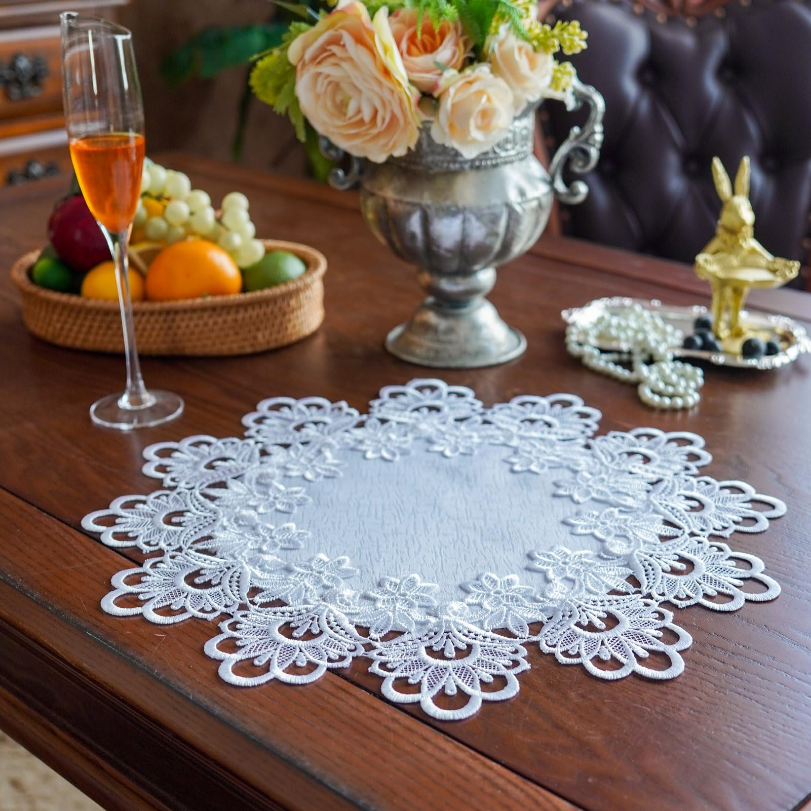 ARTABLE Lace Doily Placemats Round Lace Place Doilies Embroidered Flower Cup Mat Vase Mat for Table Topper Home Decoration Dinner Table (16''Round, White)