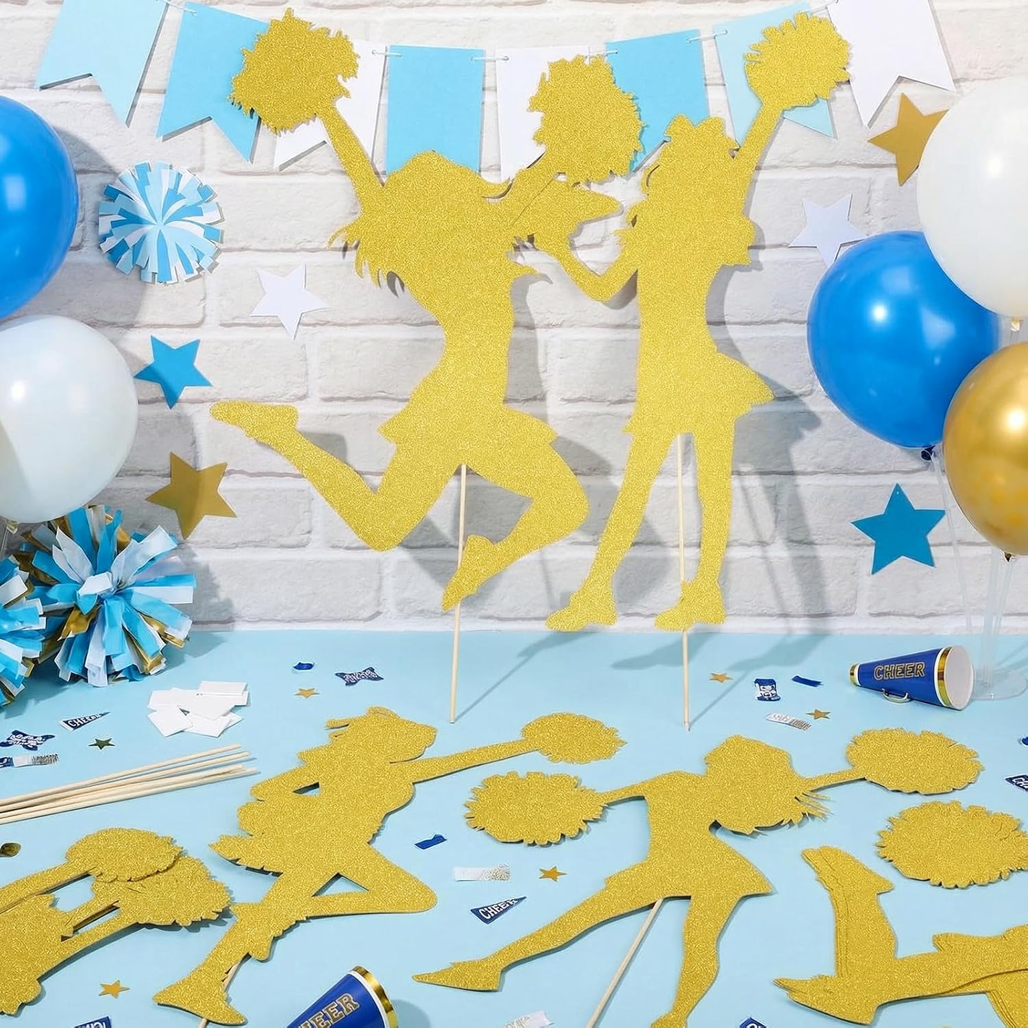 20 Set 16 Inch Cheer Party Decorations for Sports Events Gold Glitter Cheer Poster Board, Double Sided Adhesive Sheets and Wooden Dowels for Fans, Cheerleaders, Event Organizers