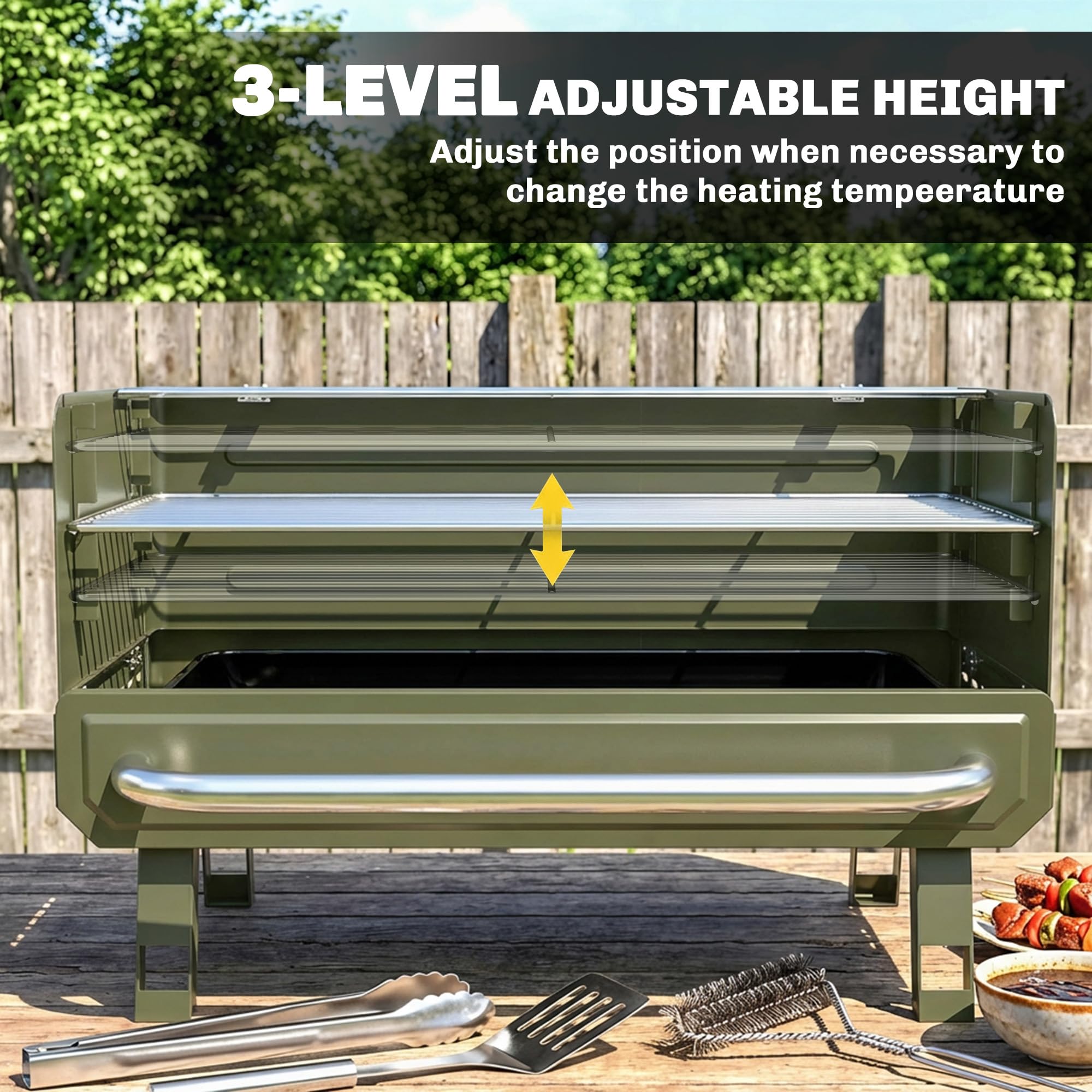 Outsunny Portable BBQ Grill, Charcoal Barbecue Grill with Adjustable Grates, Foldable Legs and Side Shelf for Camping Hiking Picnic Travel Garden Outdoor Cooking, Green - 4