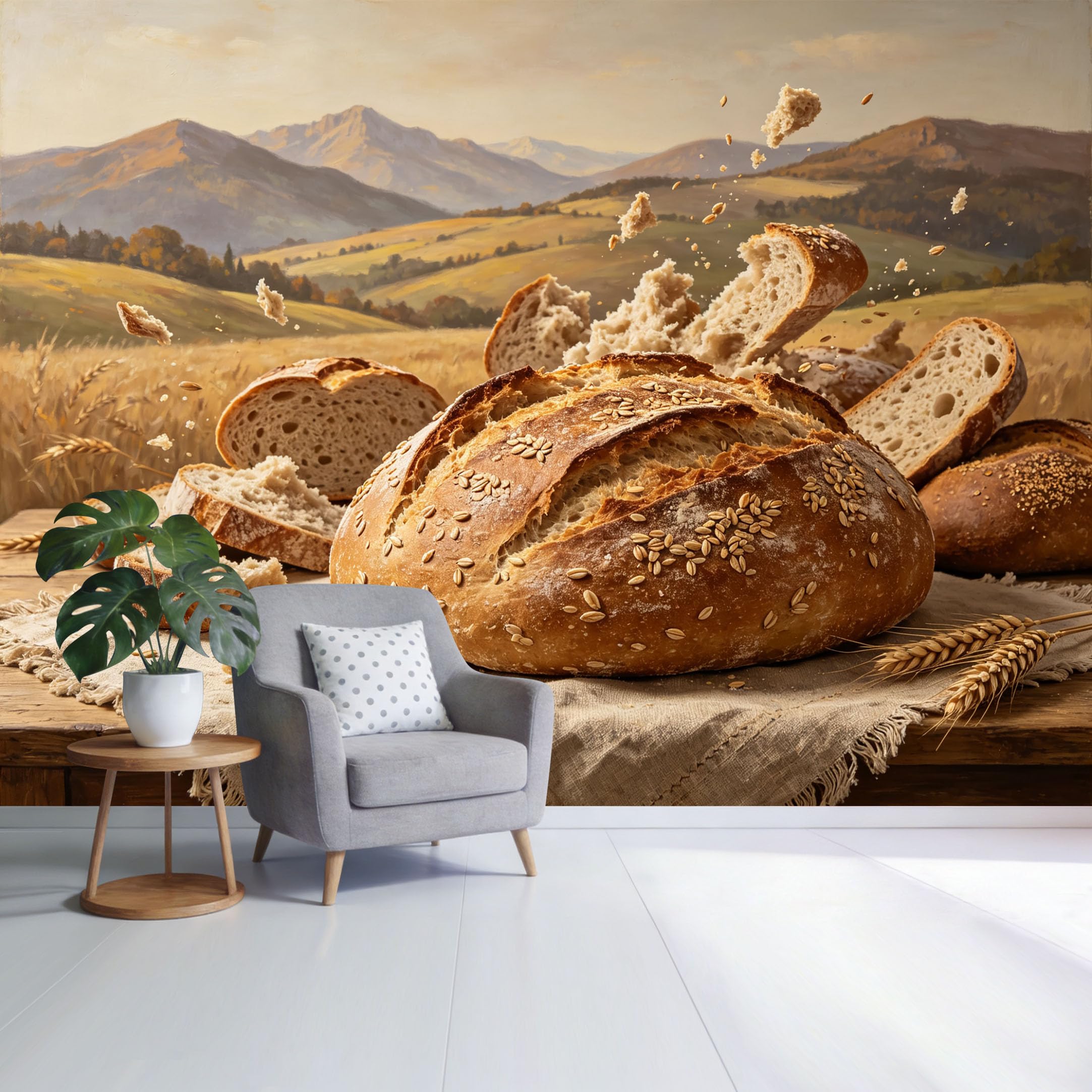 Custom Size Wall Mural Rustic Bread Loaf on Wooden Table Golden Wheat Field Landscape Oil Painting Style SelfAdhesive Wall Fabric Removable Wallpaper for Home Office Decor