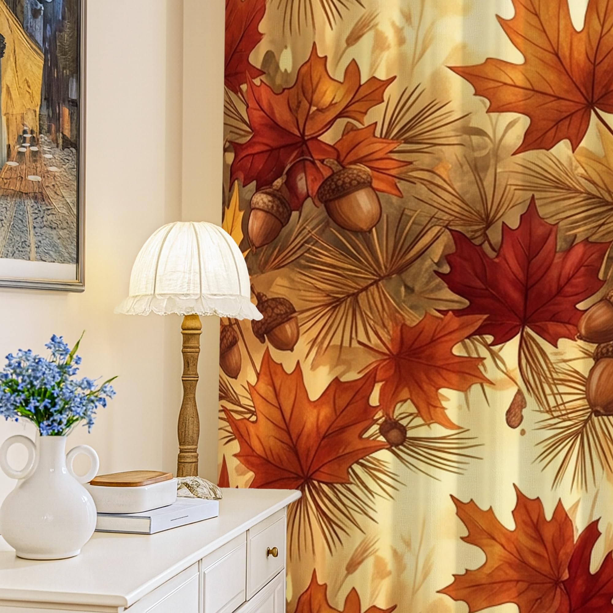Rideaux occultants motif feuilles d'érable et pin lavables en machine salon 132x240cm