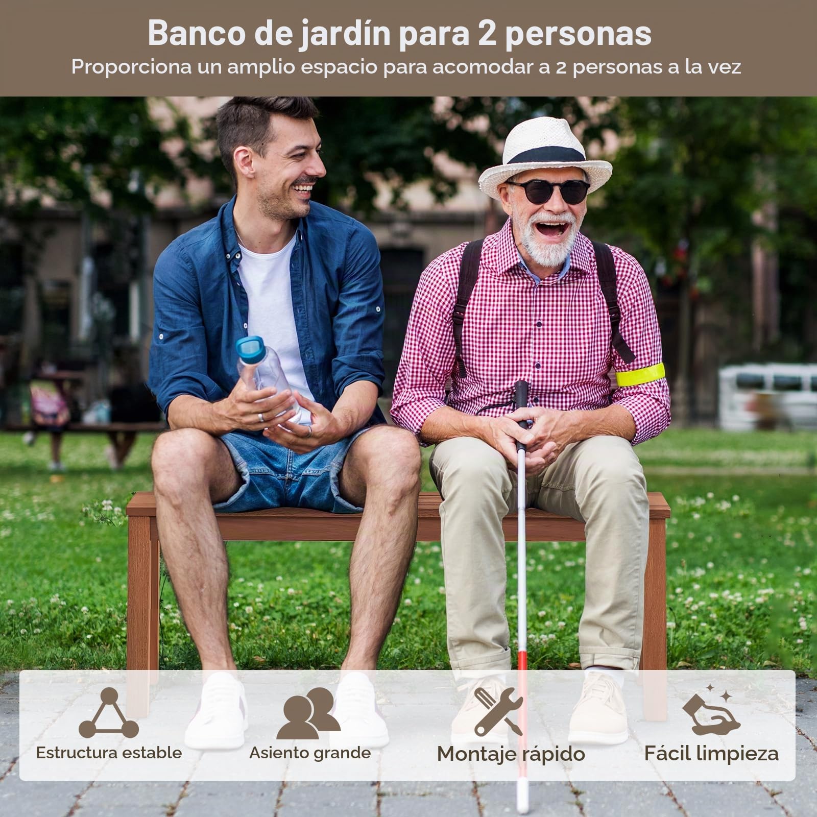 KOMFOTTEU Banco para Exterior de Madera, Banco de Jardín para 2 Personas, Asiento de Listones con Capacidad de hasta 150 kg, Mueble de Asiento para Balcón, Terreza, Porche, 100 x 30,5 x 47 cm (1)