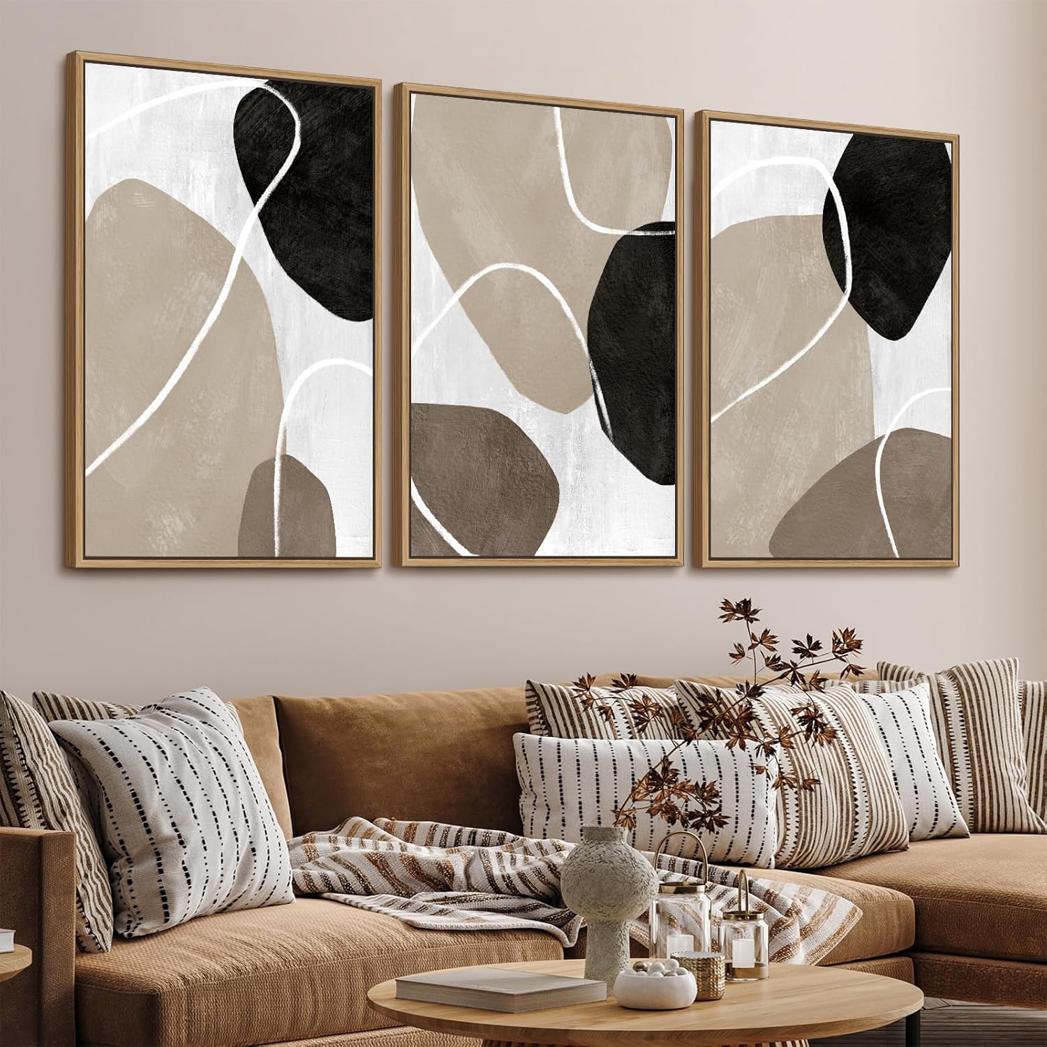 Minimalist Abstract Boho Wall Art - Natural Framed Abstract Canvas Picture Stone Painting Rock Line Artwork Modern Geometric Canvas Prints for Home Wall Decor 24 x 36 * 3 Tan Brown Grey Black
