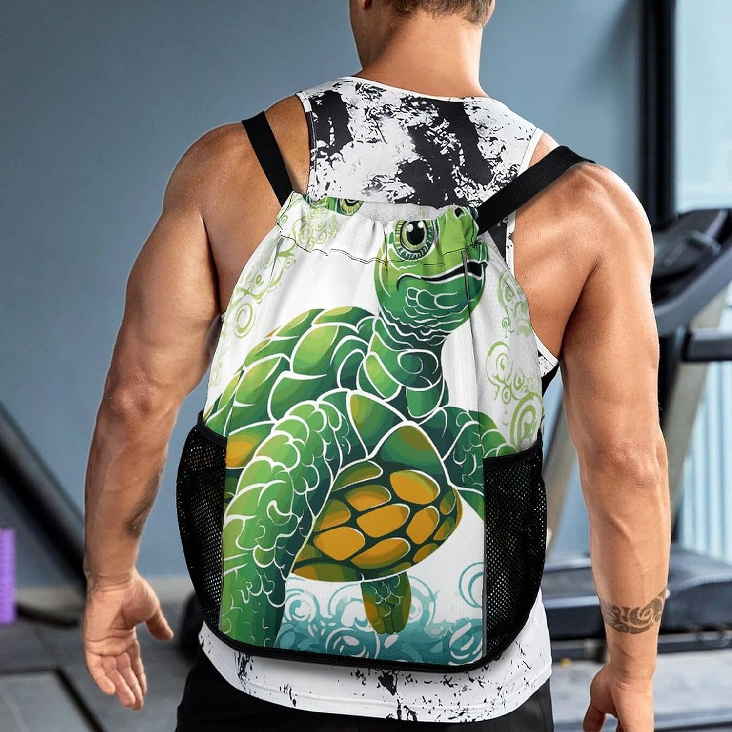 Sports Drawstring Backpack Cartoon Turtle Pattern Lightweight Backpack Dry And Wet Separation Large Capacity