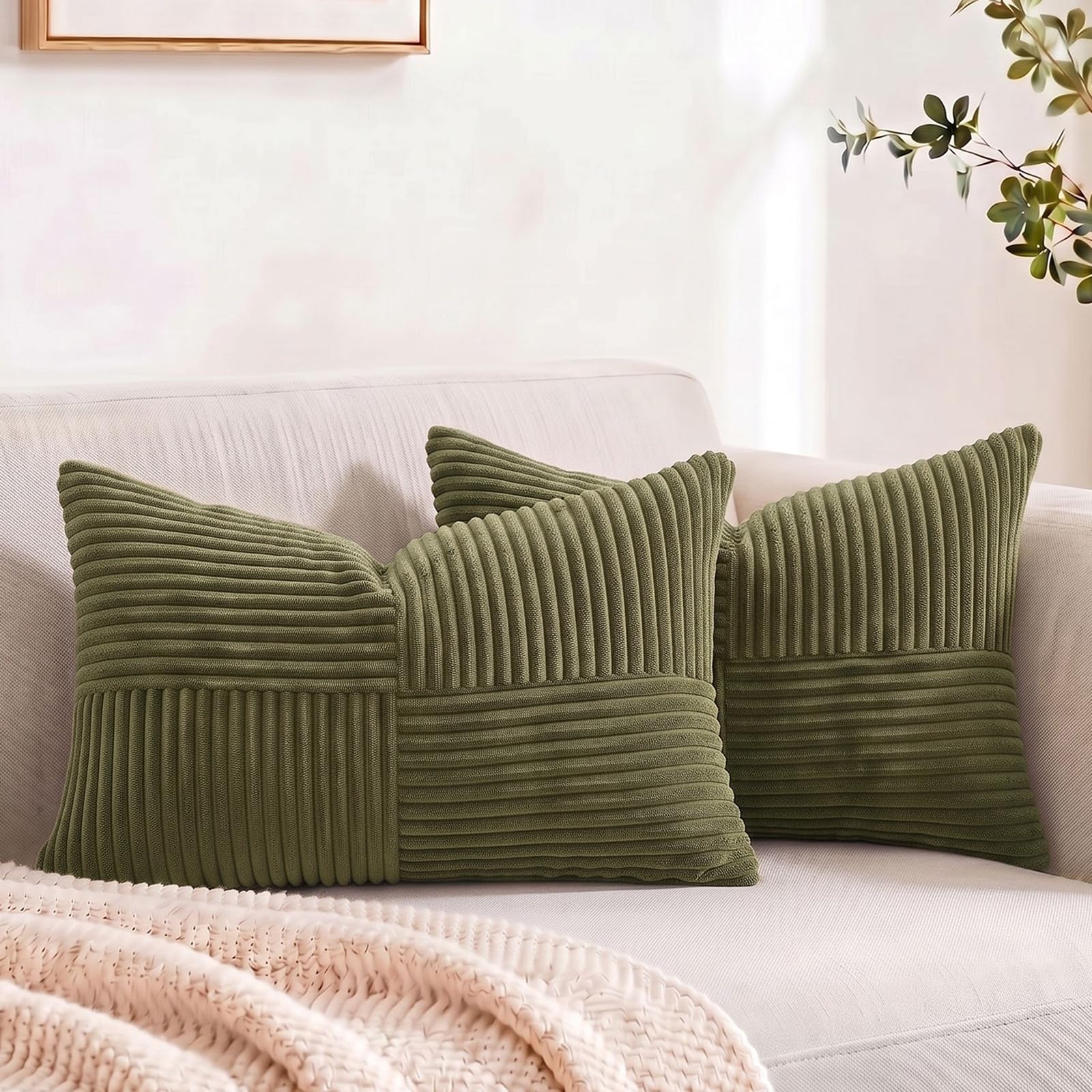 FDTERN Decorative Throw Pillow Covers 16 x 28 Inch for Living Room Couch Bed, Rustic Farmhouse Boho Home Decor, Soft Striped Corduroy Accent Cushion Covers, 40 x 70 cm (Pack of 2), Olive Green — image 1
