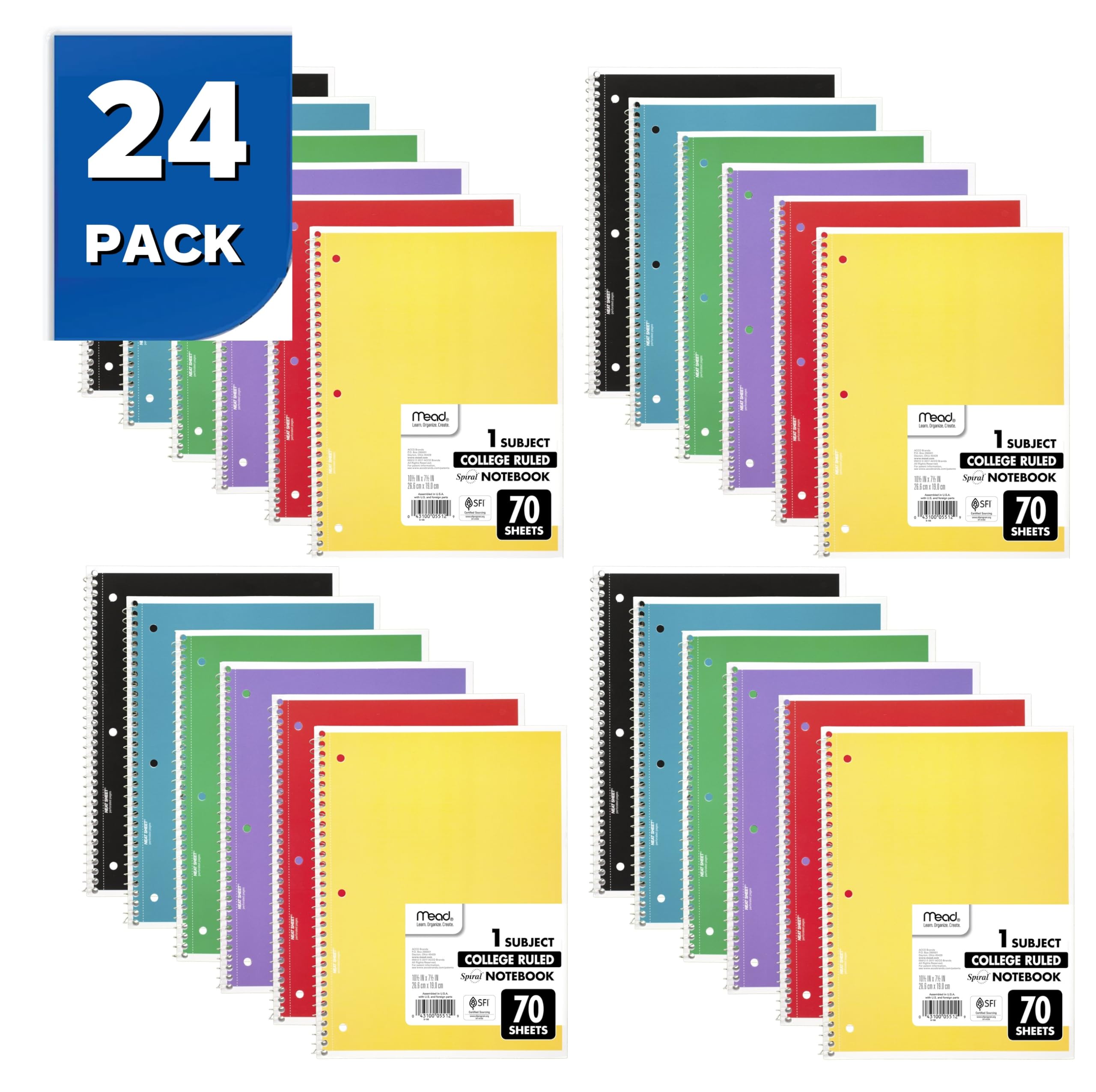 Mead Quaderni a spirale, confezione da 24, 1 soggetto, carta a righe universitarie, 19,8 x 26,7 cm, 70 fogli per quaderno, il colore varia (73065)