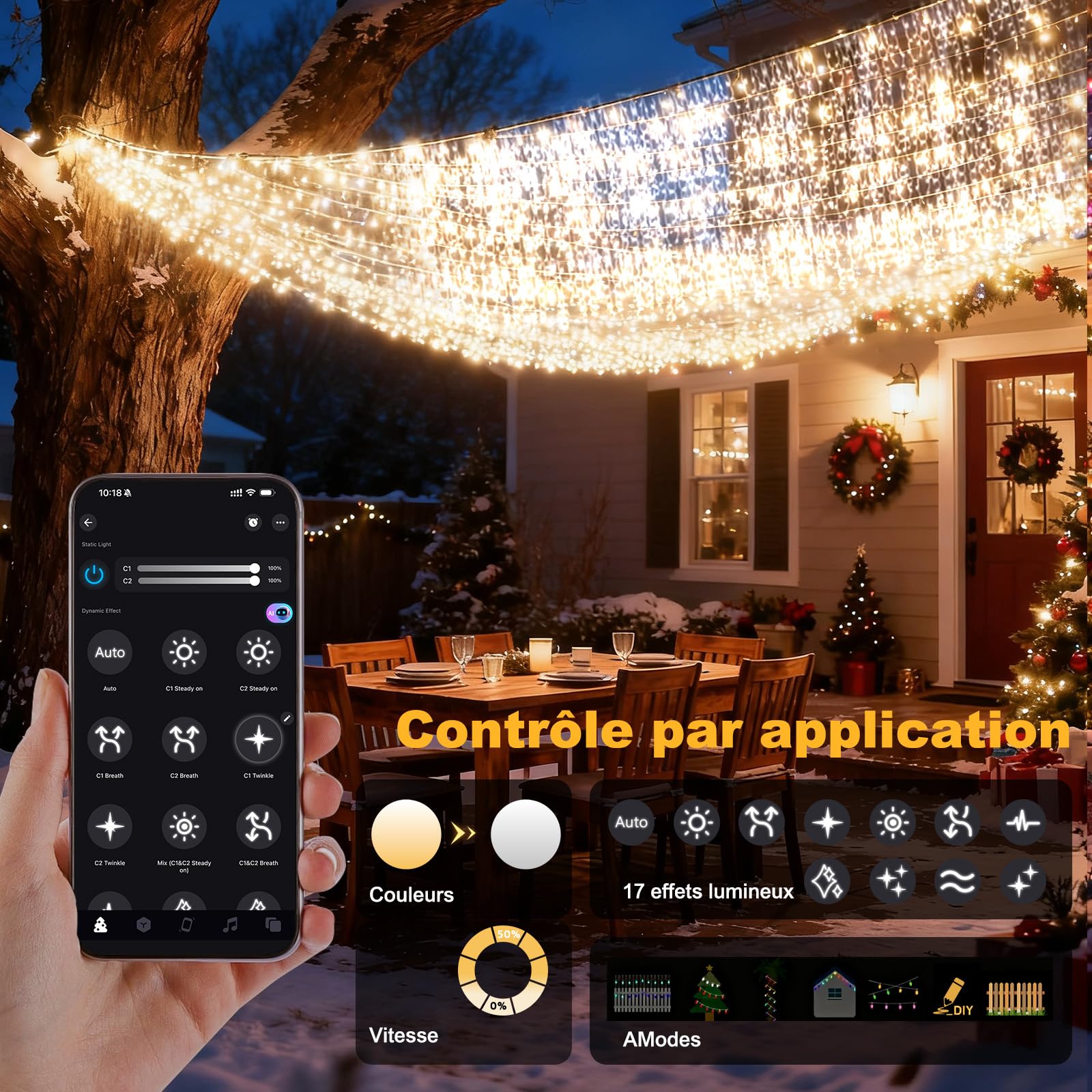 Guirlande Lumineuse Extérieure Noël, Decoration Noel Exterieur Blanc Chaud et Froid, Lumineux Noël Extérieur avec Télécommande et Application, 17 Modes+4 Luminosités+Minuterie (30M-1200L,C/F)