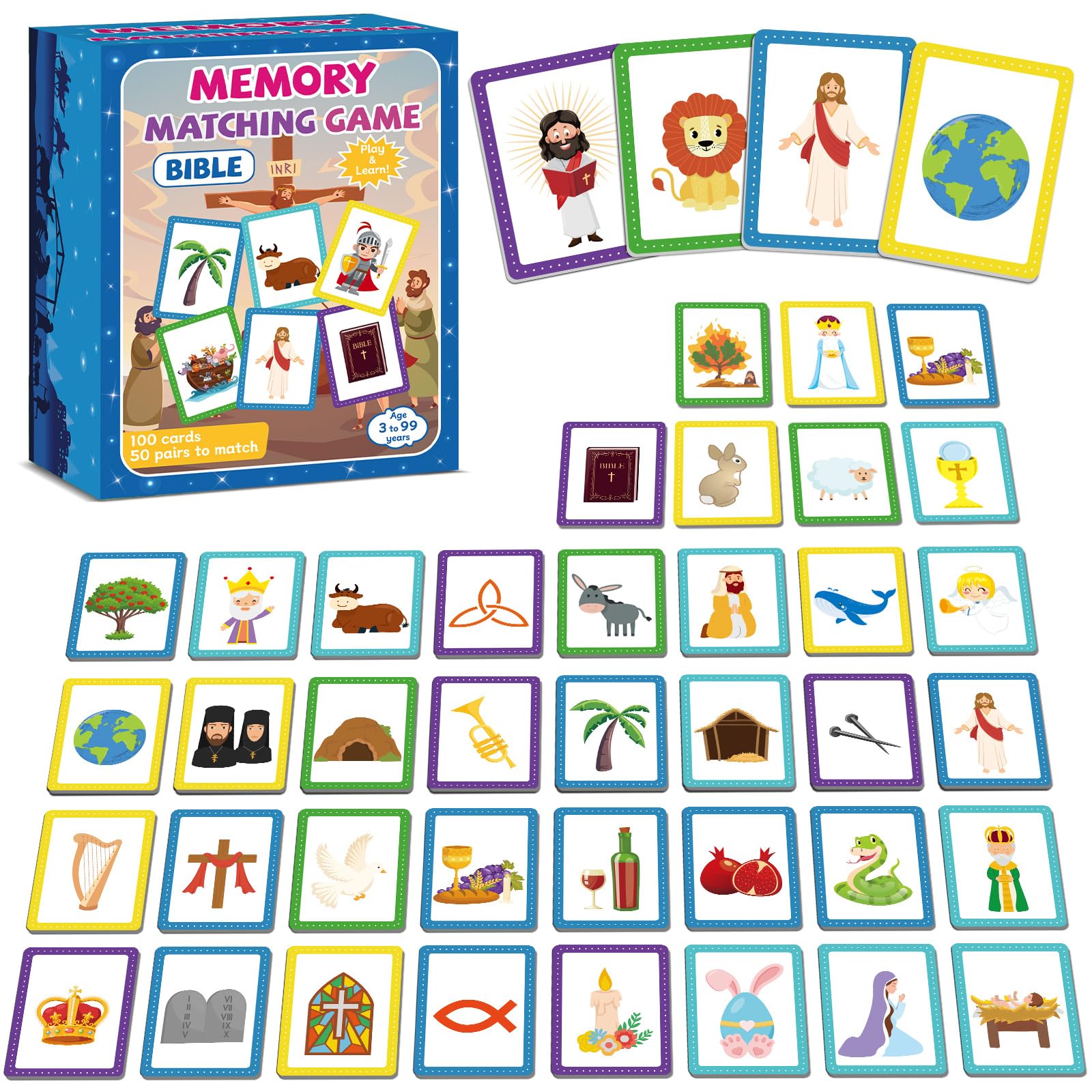 gisgfim 50 Pairs Memory Matching Game Bible Concentration Games for Kids Educational A Fun & Fast Christian Bible Easter Theme Memory Matching Games