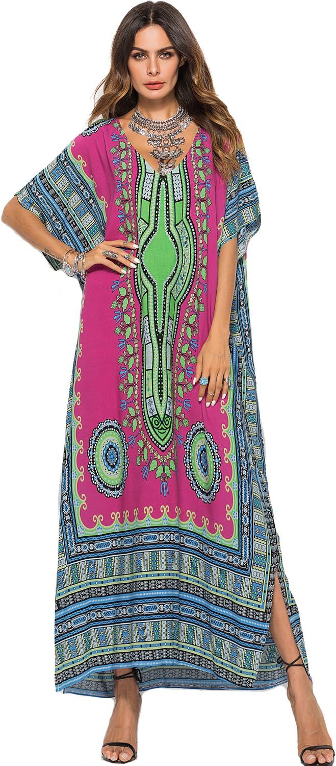 SMUDGE Life Women's White Ethnic Print Kaftan Maxi Dress Summer Beach Dress