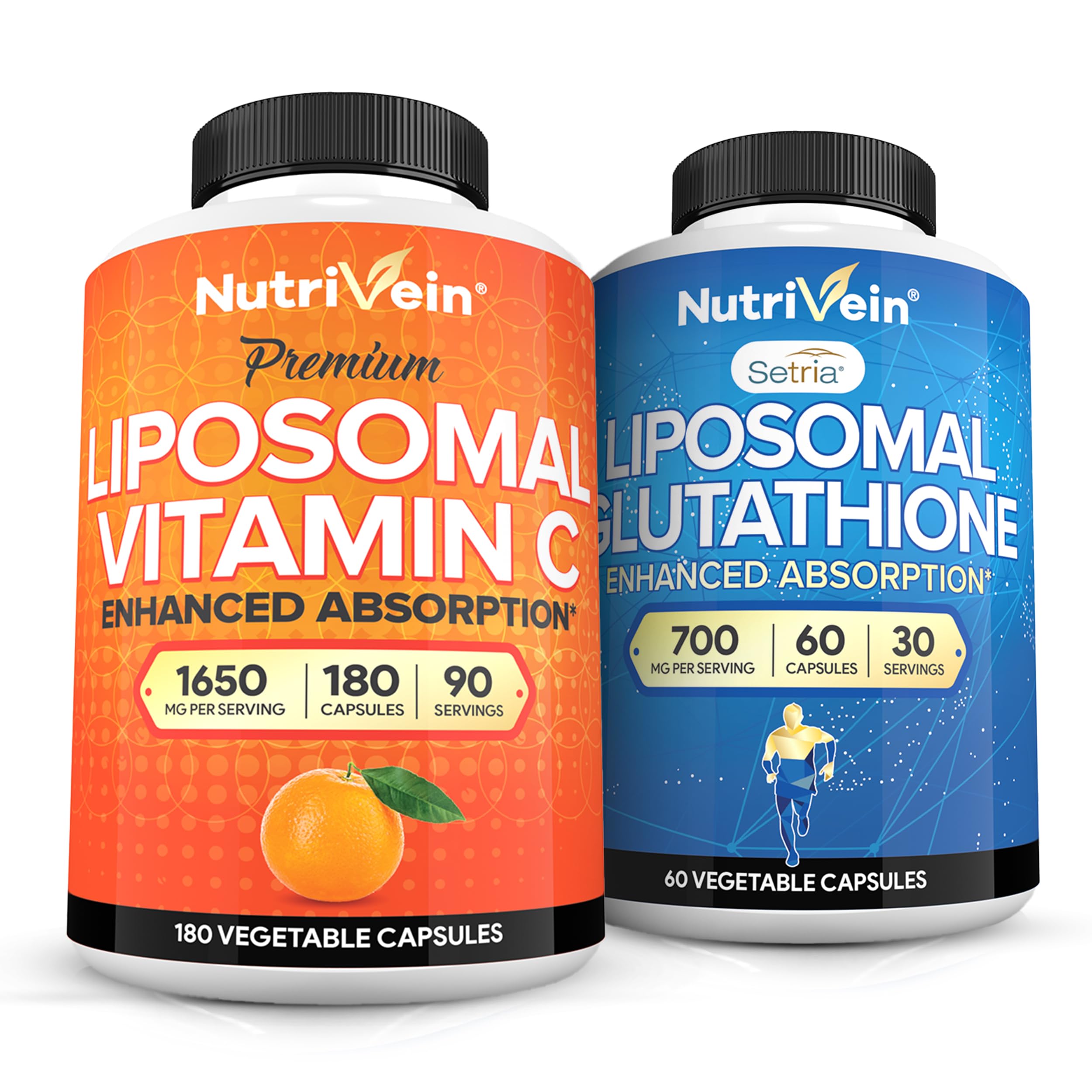 Amazon.com: Nutrivein Premium Liposomal Vitamin C 1650mg & Liposomal  Glutathione Bundle - High Absorption Ascorbic Acid Plus Master Antioxidant  & Liver Cleanse - Non-GMO, Vegan/Vegetarian