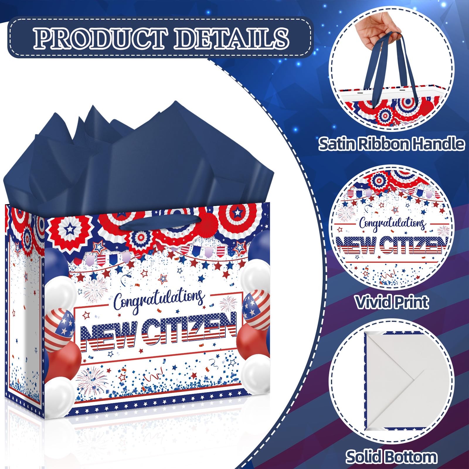 Allparty New American Citizen Gift Bag Citizenship Gift Bag with Wrapping Paper Card Sticker Envelope Blue White and Red New Citizen Party Favors Congratulations Gifts Presents for New US Citizens
