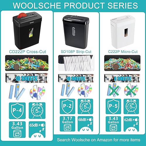 Miniatura 2 de Woolsche Trituradora de papel, corte cruzado de 10 hojas con cesta de 3.43 galones, nivel de seguridad P-4, diseño de 3 modos, CD y tarjeta de