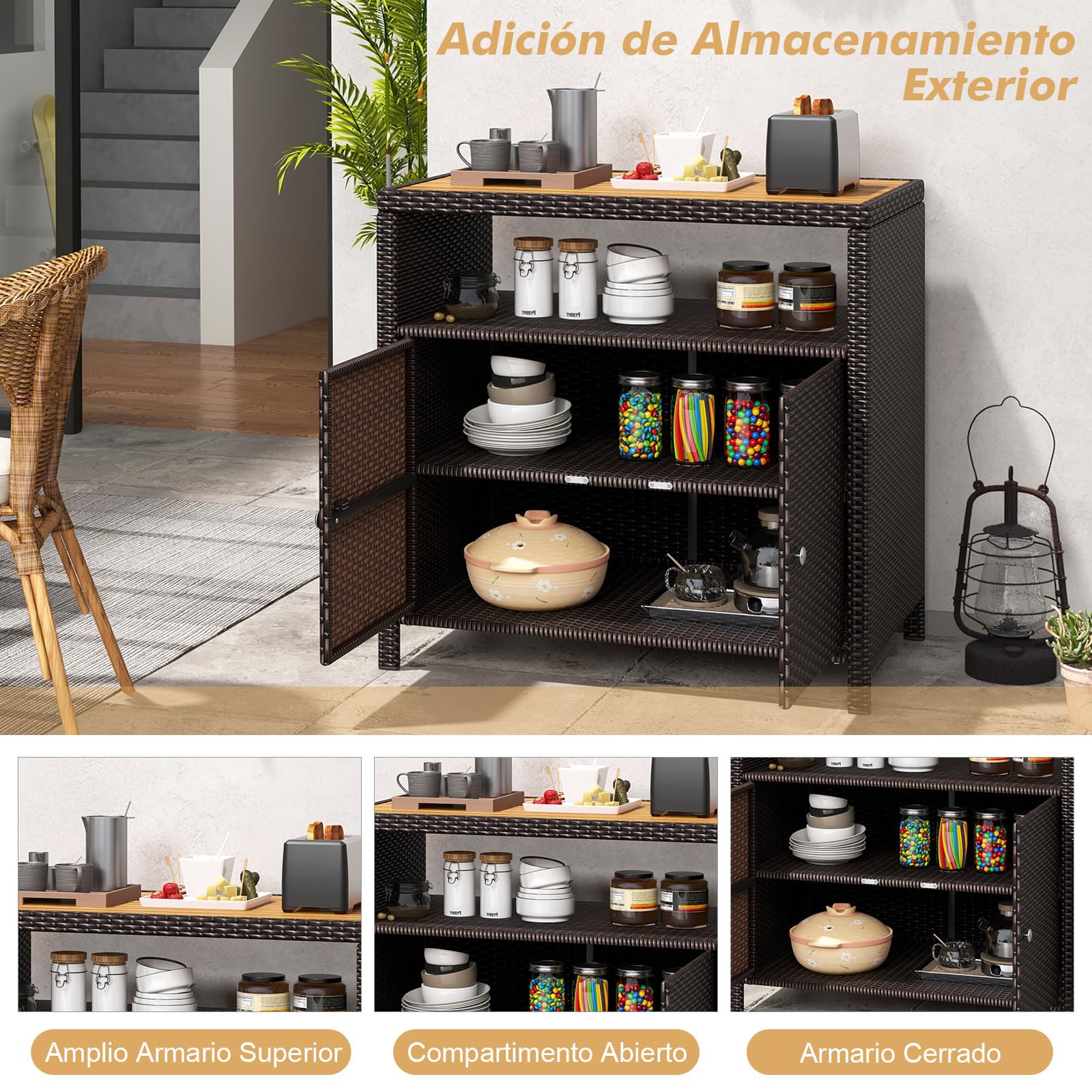 COSTWAY Armario Baja Exterior de Ratán, Armario terraza con Compartimento Abierto y Gabinete Cerrado, Aparador de Mimbre de 2 Puertas Terraza Jardin Exterior, 90 x 53 x 86 cm (marrón)