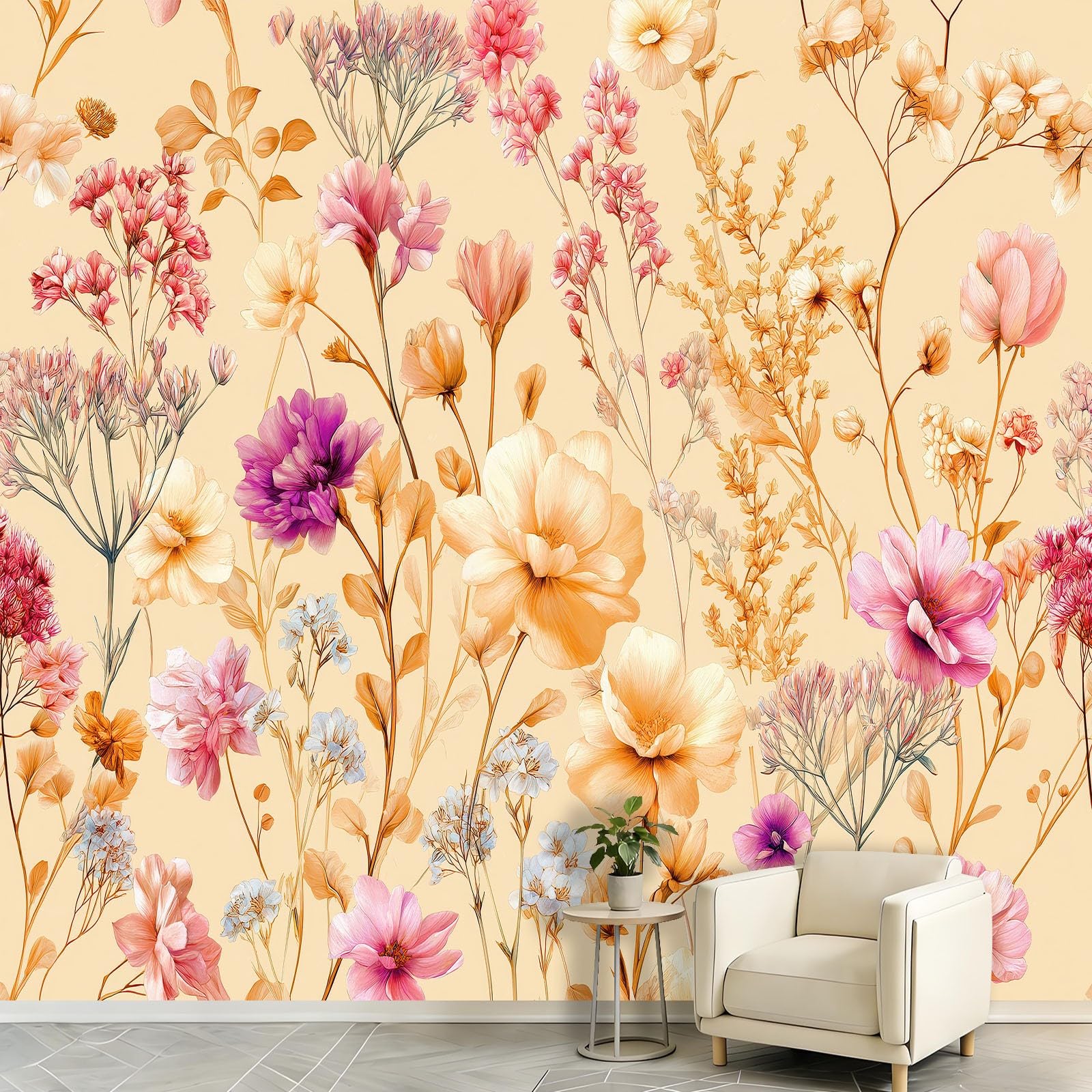 Carta da parati fotografica in tessuto non tessuto, stile vintage, motivo botanico floreale, 250 x 175 cm (larghezza x altezza), decorazione murale classica romantica per soggiorno e camera da letto